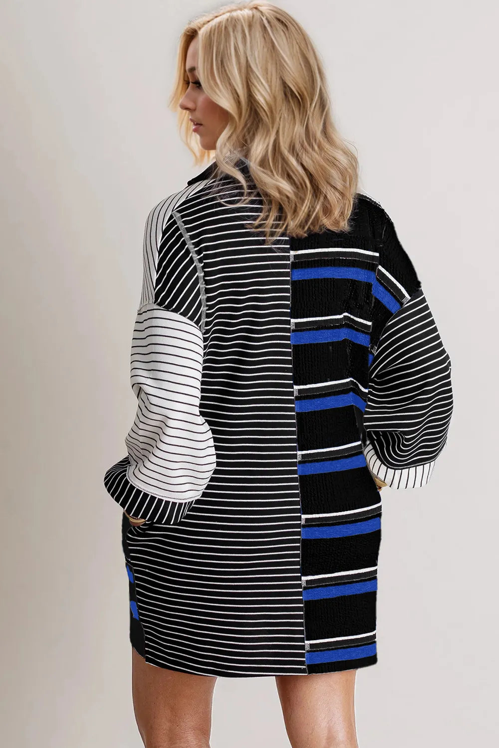 Oh Full Size Striped Half Button Long Sleeve Mini Dress in Black, view 2