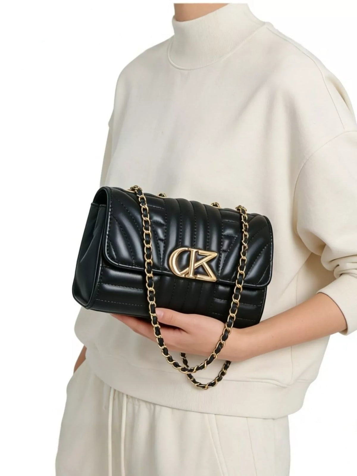 Quilted PU Leather Shoulder Bag in Black, view 2