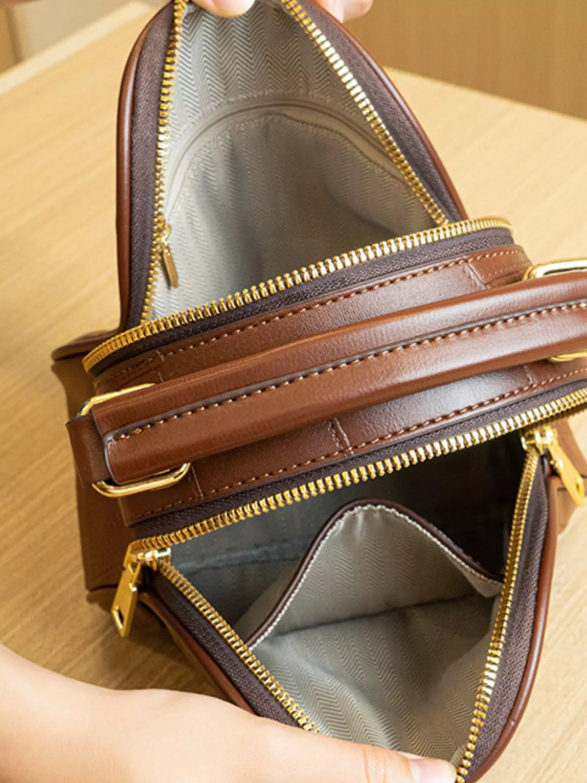 Patchwork Leather Crossbody Bag with Top Handle in Caramel, view 7