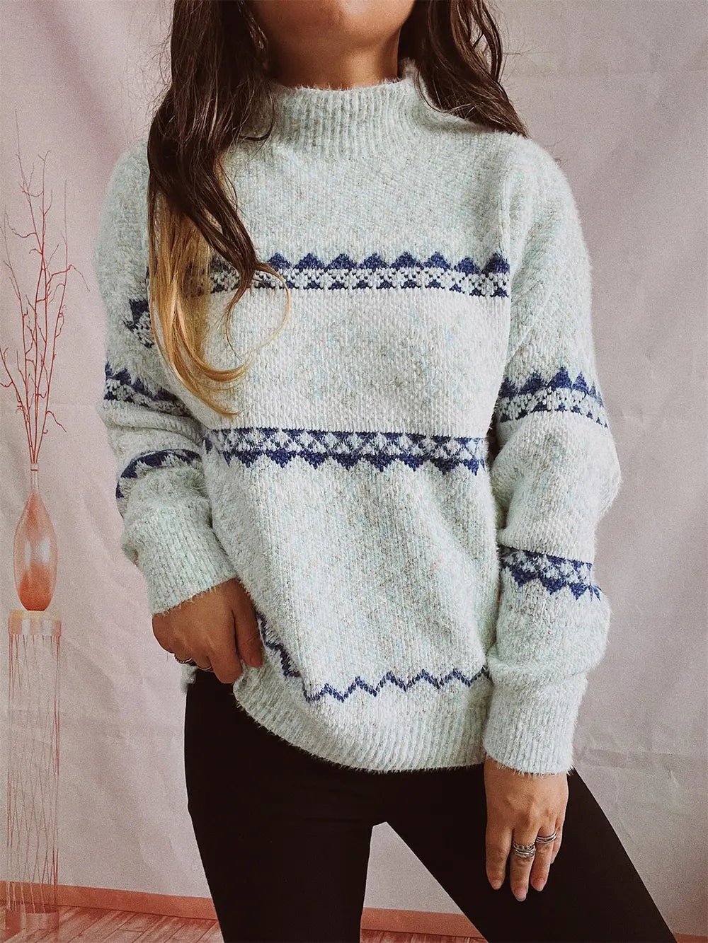 Geometric Mock Neck Dropped Shoulder Sweater in Misty Blue