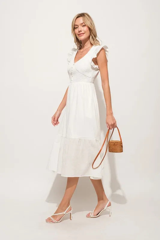 And The Why Ruffle Sleeve Front Smocked Tiered Midi Dress - Lilixa.store