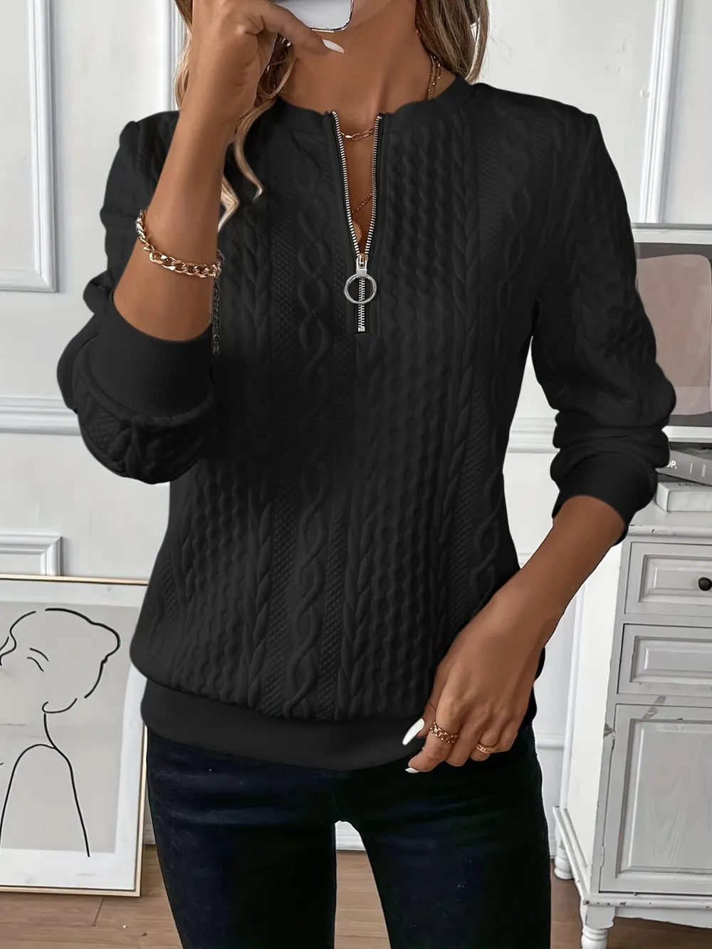 Texture Half Zip Long Sleeve Sweatshirt - Lilixa.store