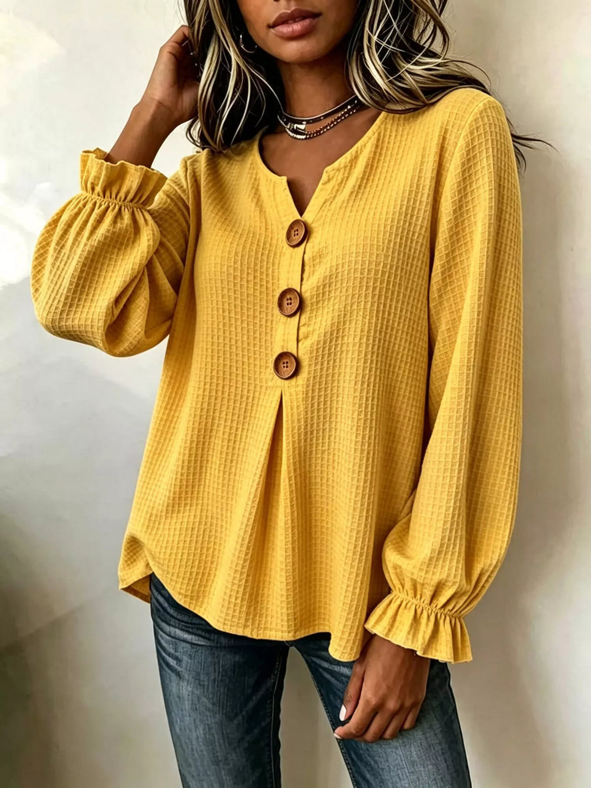 Waffle Knit Long Sleeve Top - Lilixa.store