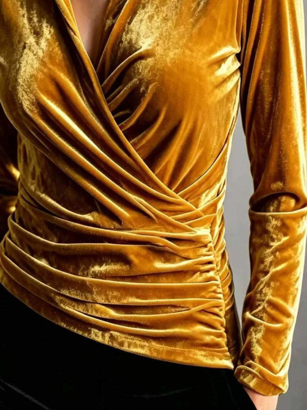 Full Size Velvet Wrap Blouse with Ruched Detail Plus Size, view 2