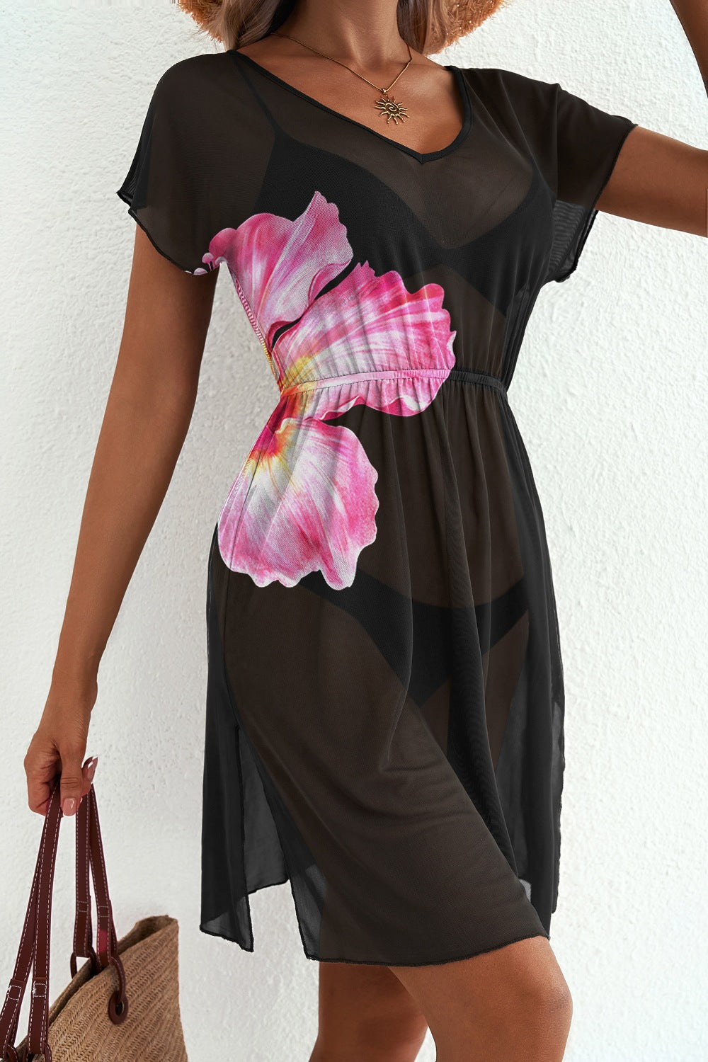 e Floral Print V Neck Semi Sheer Beach Cover Up Dress - Lilixa.store