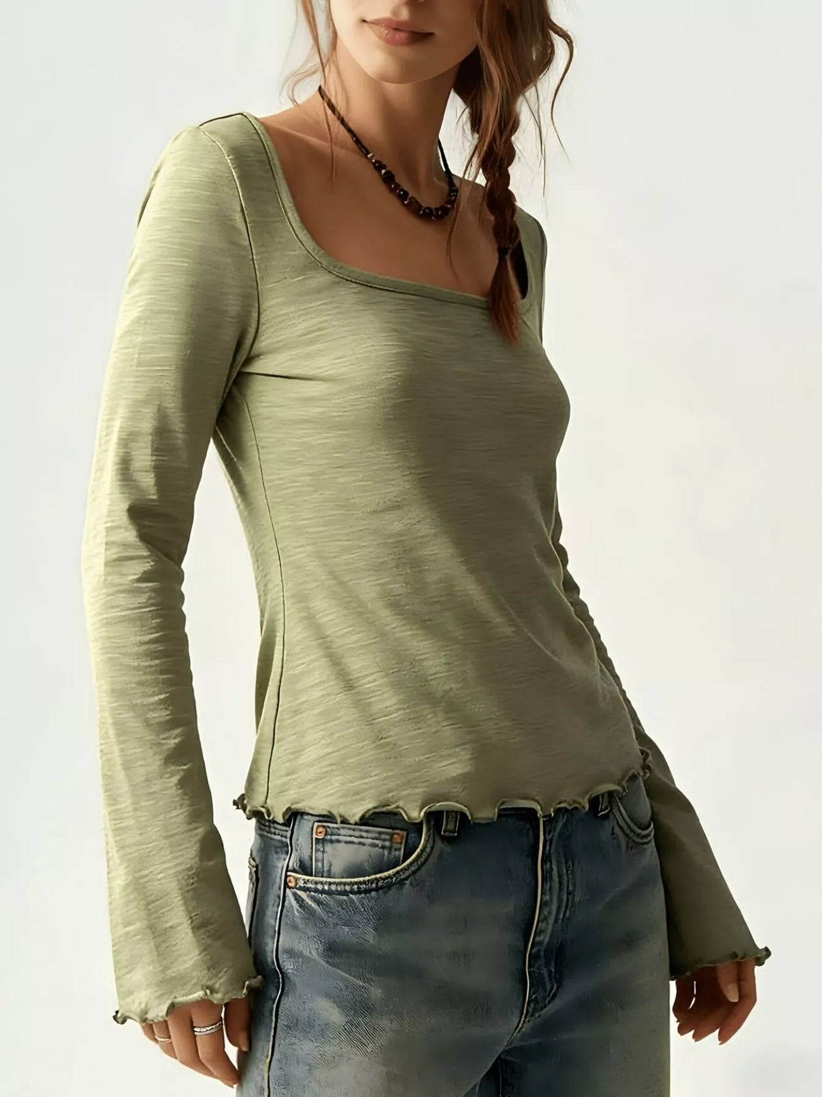 Long Sleeve Square Neck Slim-Fit T-Shirt, view 6