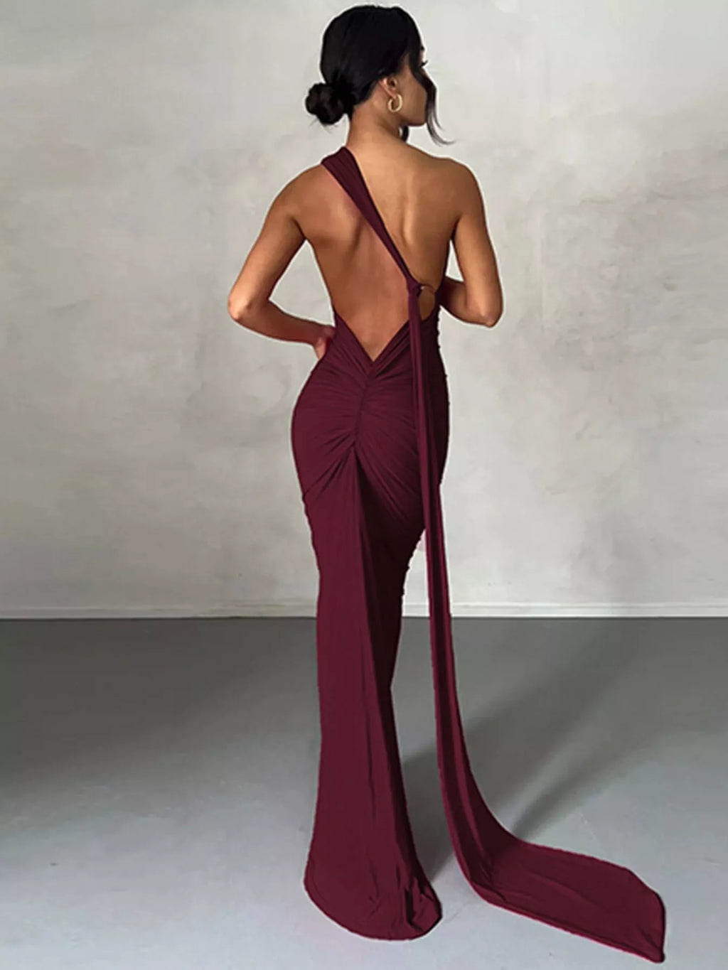 Backless One-Shoulder Ruched Bodycon Maxi Dress - Lilixa.store
