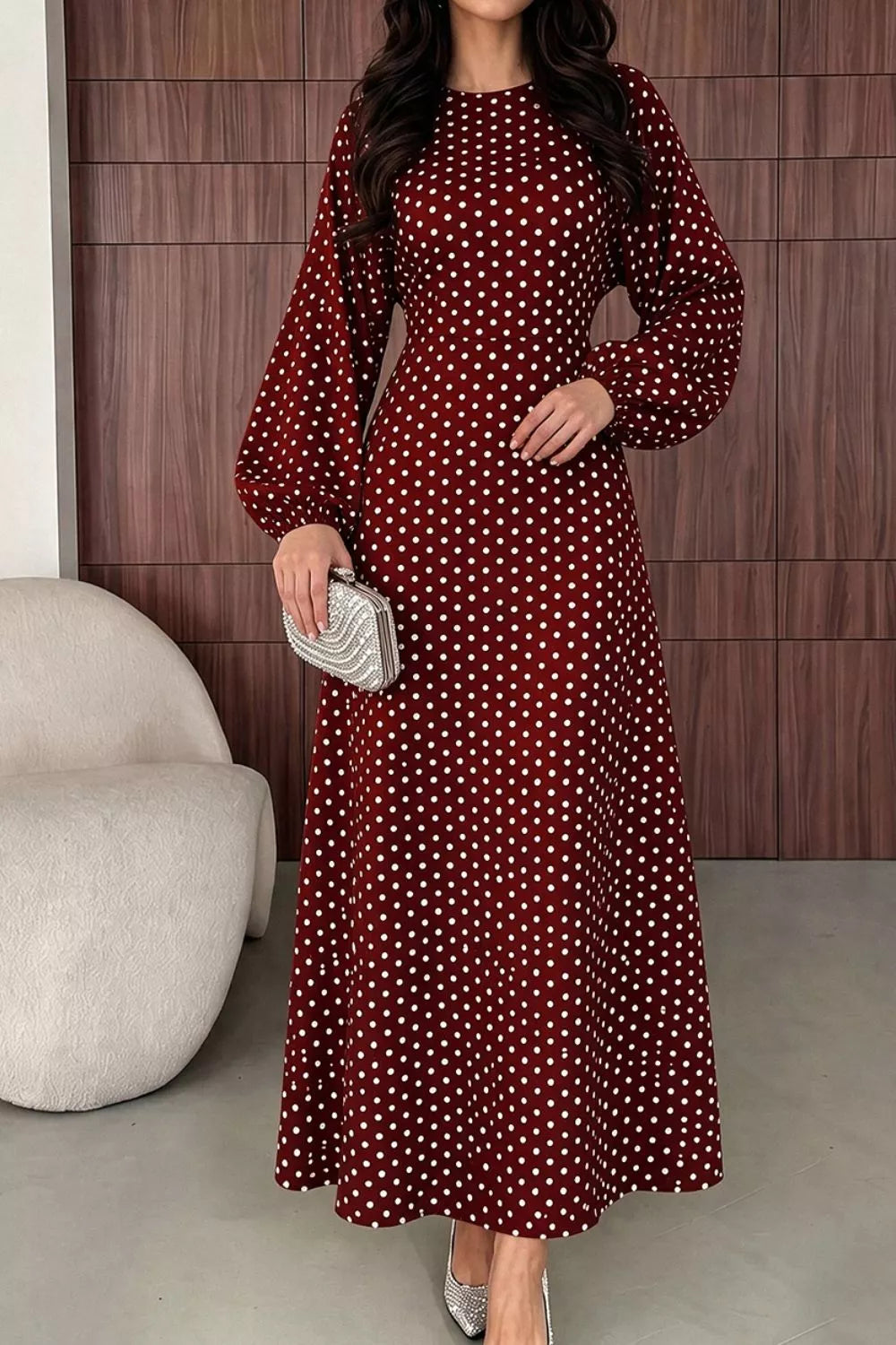 Polka Dot Long Sleeve Maxi Dress - Lilixa.store