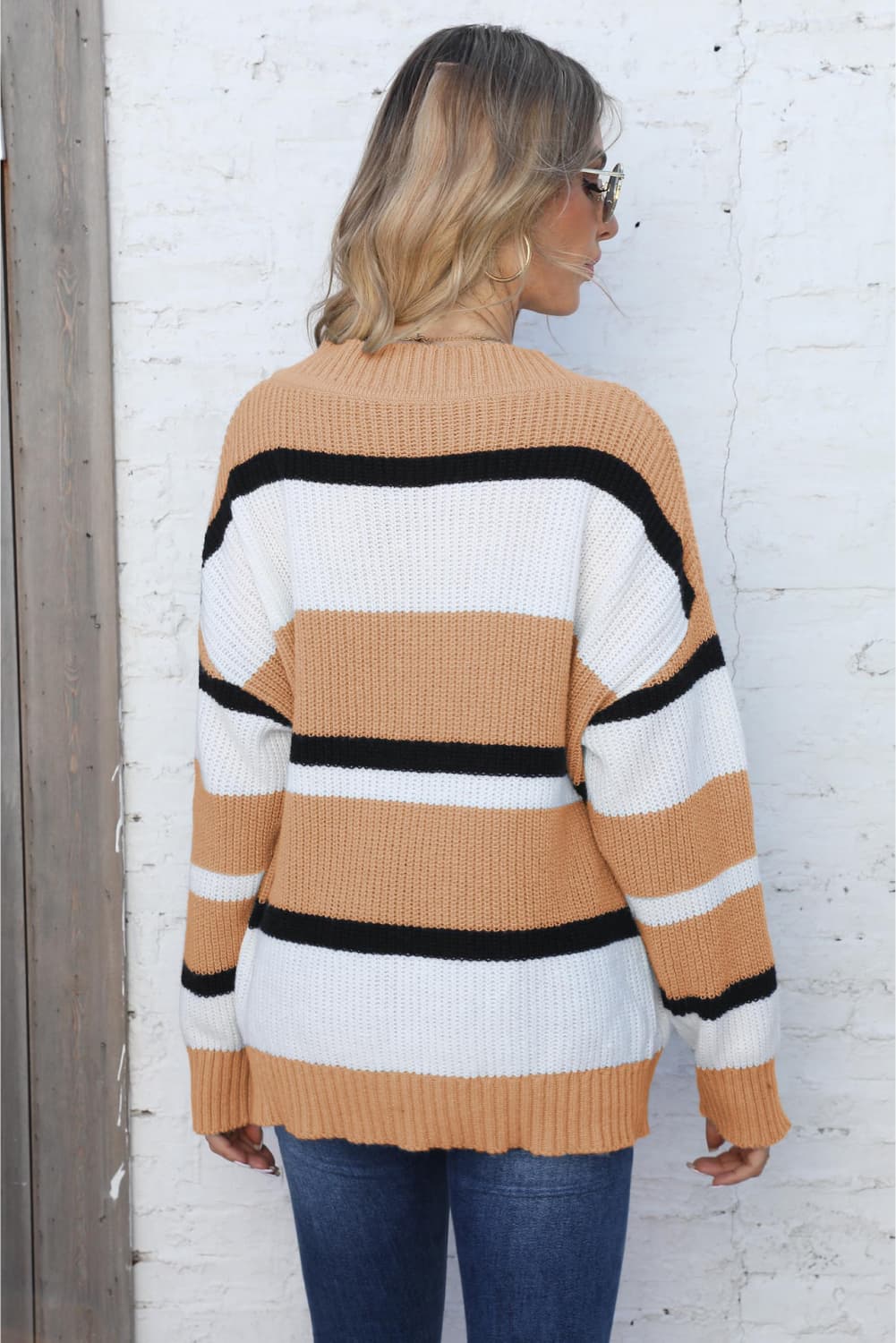 Color Block V-Neck Dropped Shoulder Sweater, view 8