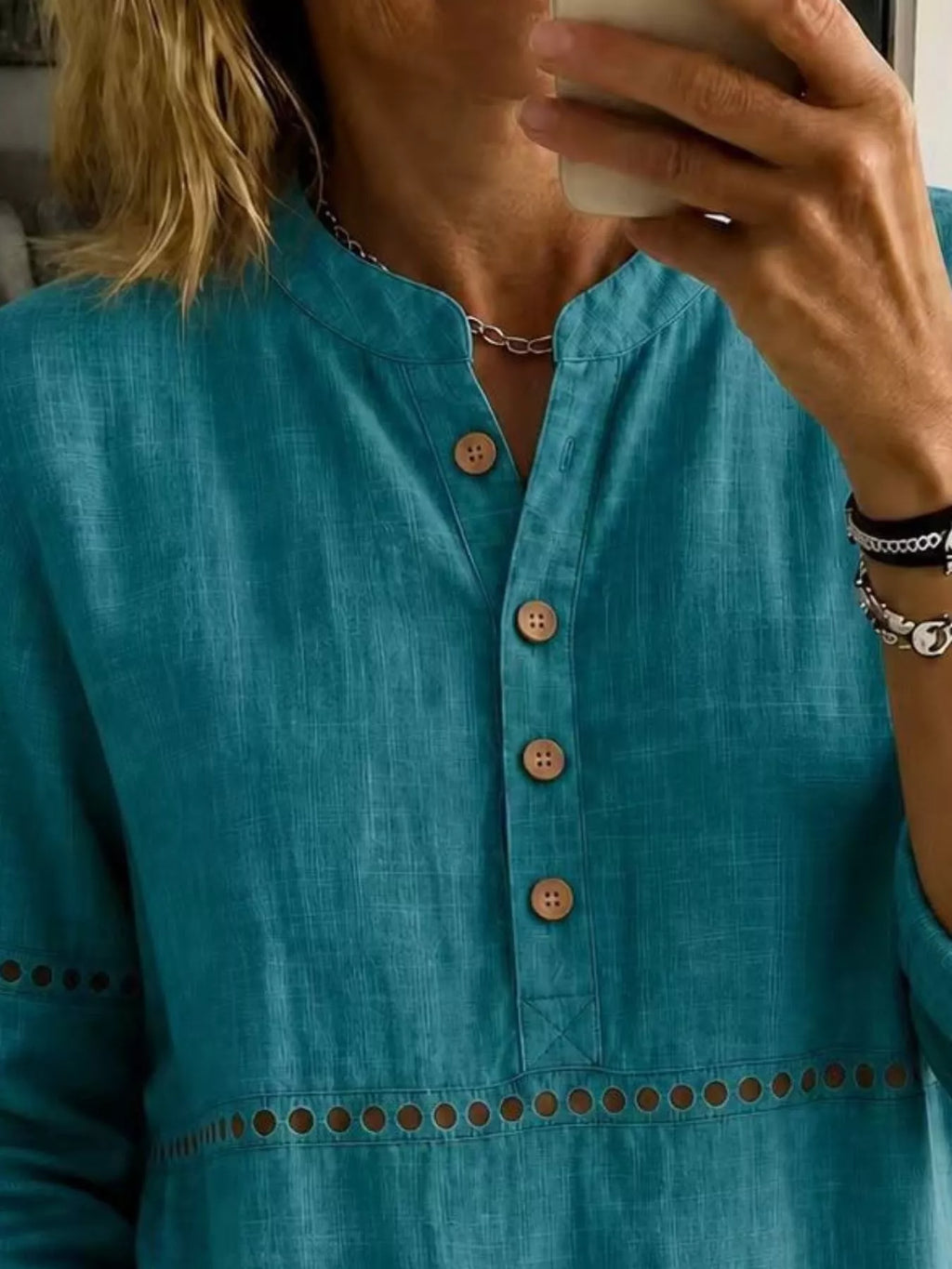 Full Size Button Detail Eyelet Long Sleeve Blouse Plus Size - Lilixa.store
