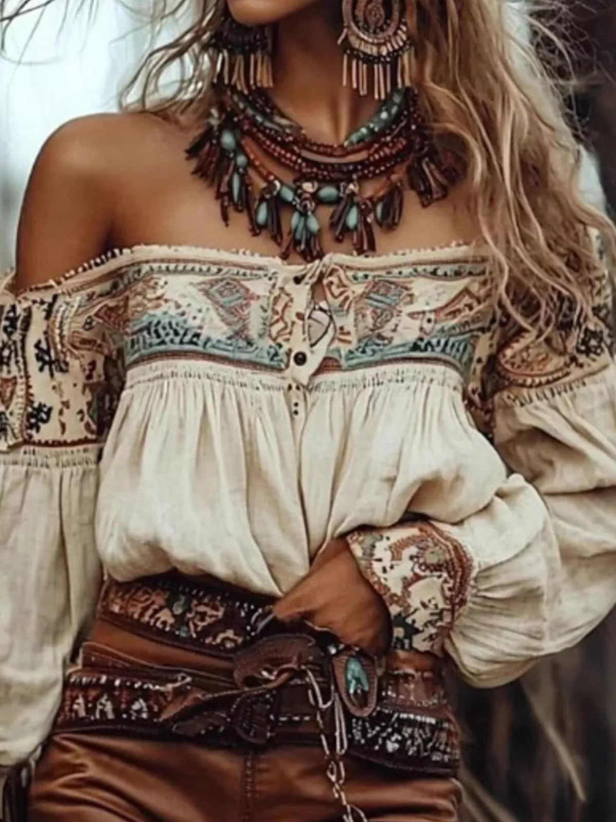 Off-Shoulder Printed Long Sleeve Blouse in Apricot