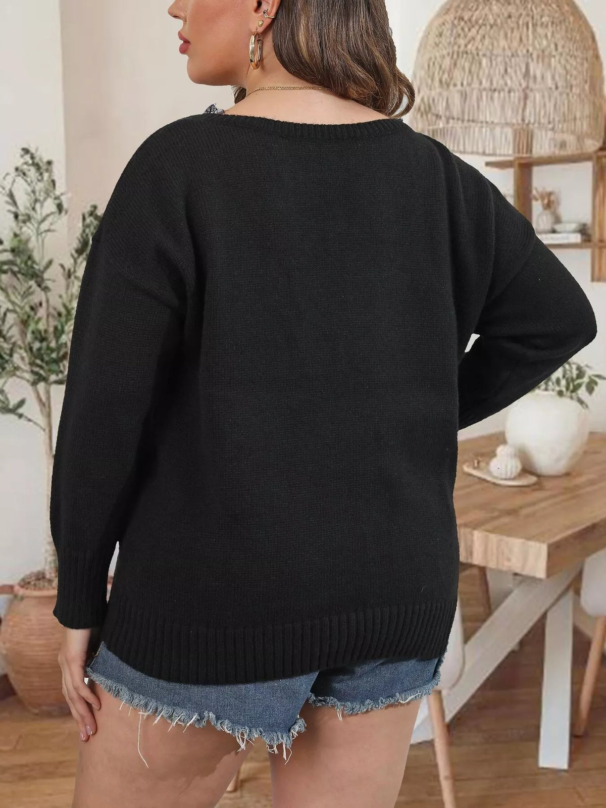 Plus Size Lace Trim V-Neck Sweater - Lilixa.store