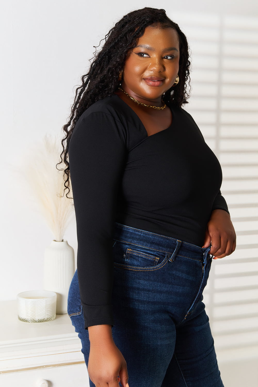 Basic Bae Asymmetrical Neck Long Sleeve Top in Black, view 5
