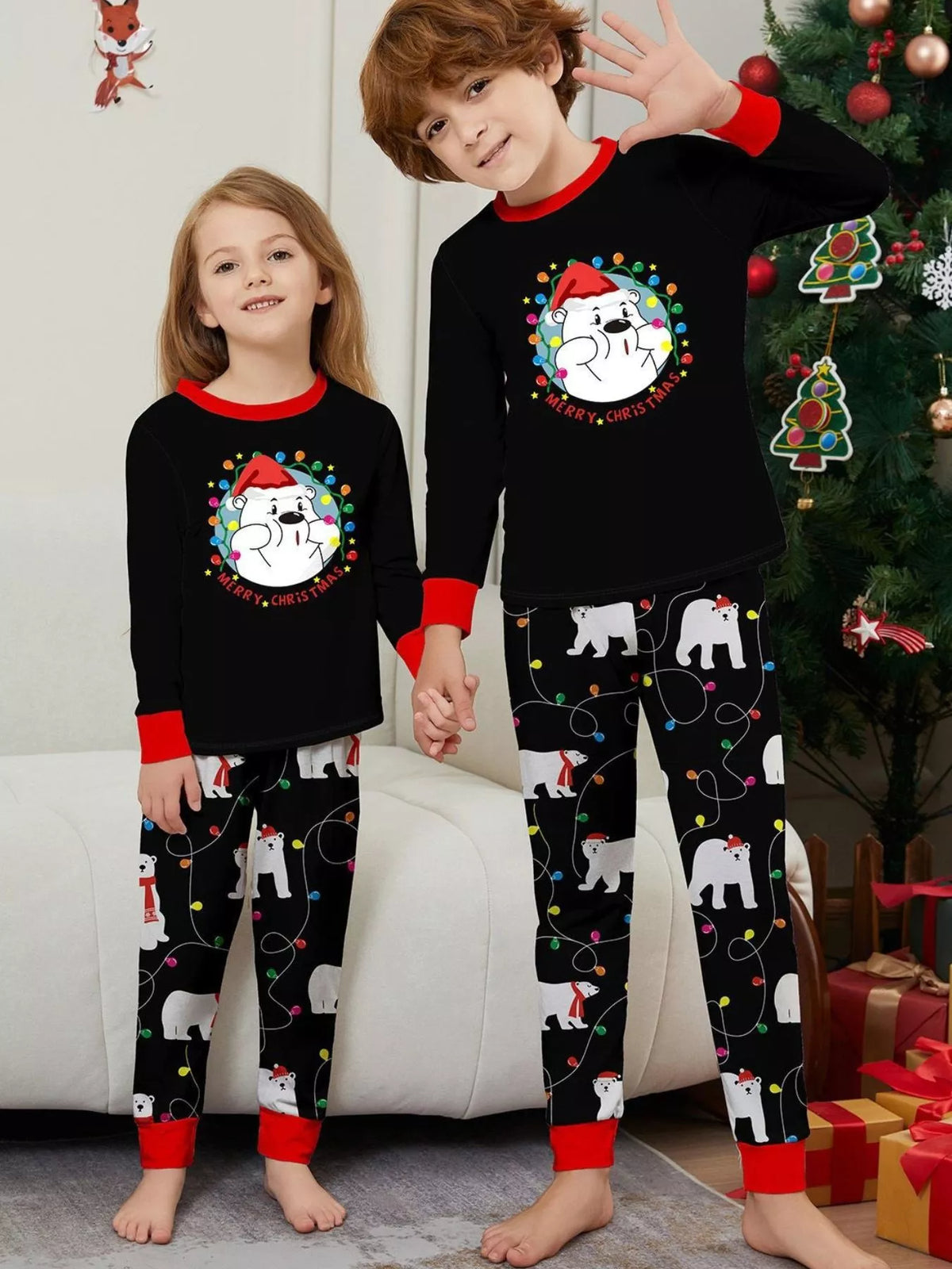 Full Size Family Matching Christmas Pajamas Set with Polar Bear Print Plus Size