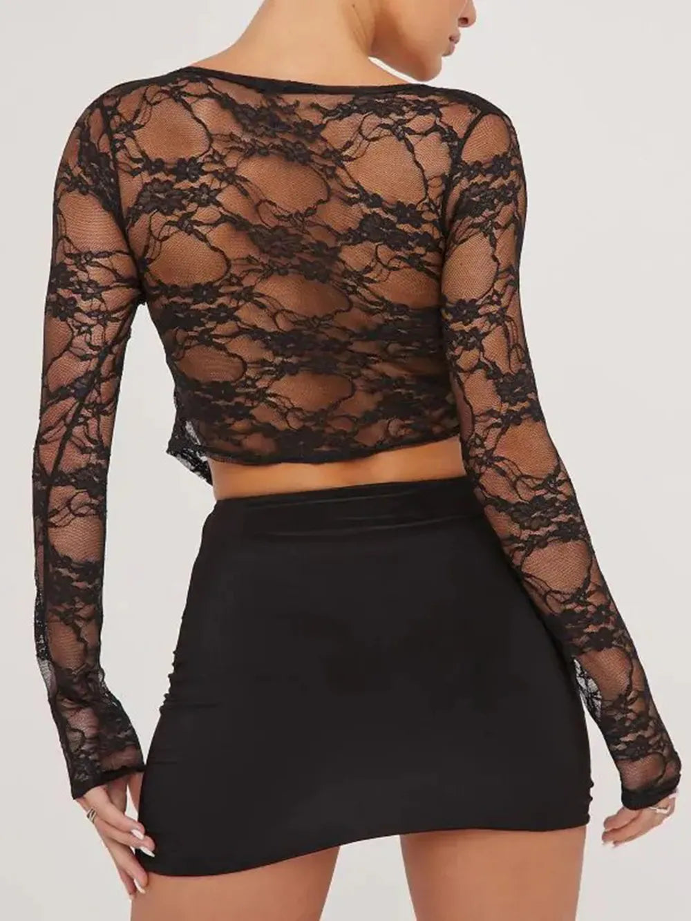 Tied Plunge Long Sleeve Lace Cropped Shirt - Lilixa.store