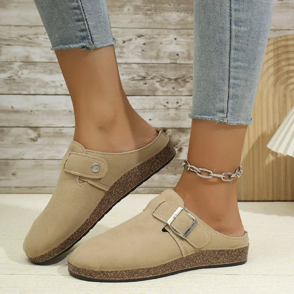 Suede Round Toe Buckle Slip-Ons in Khaki