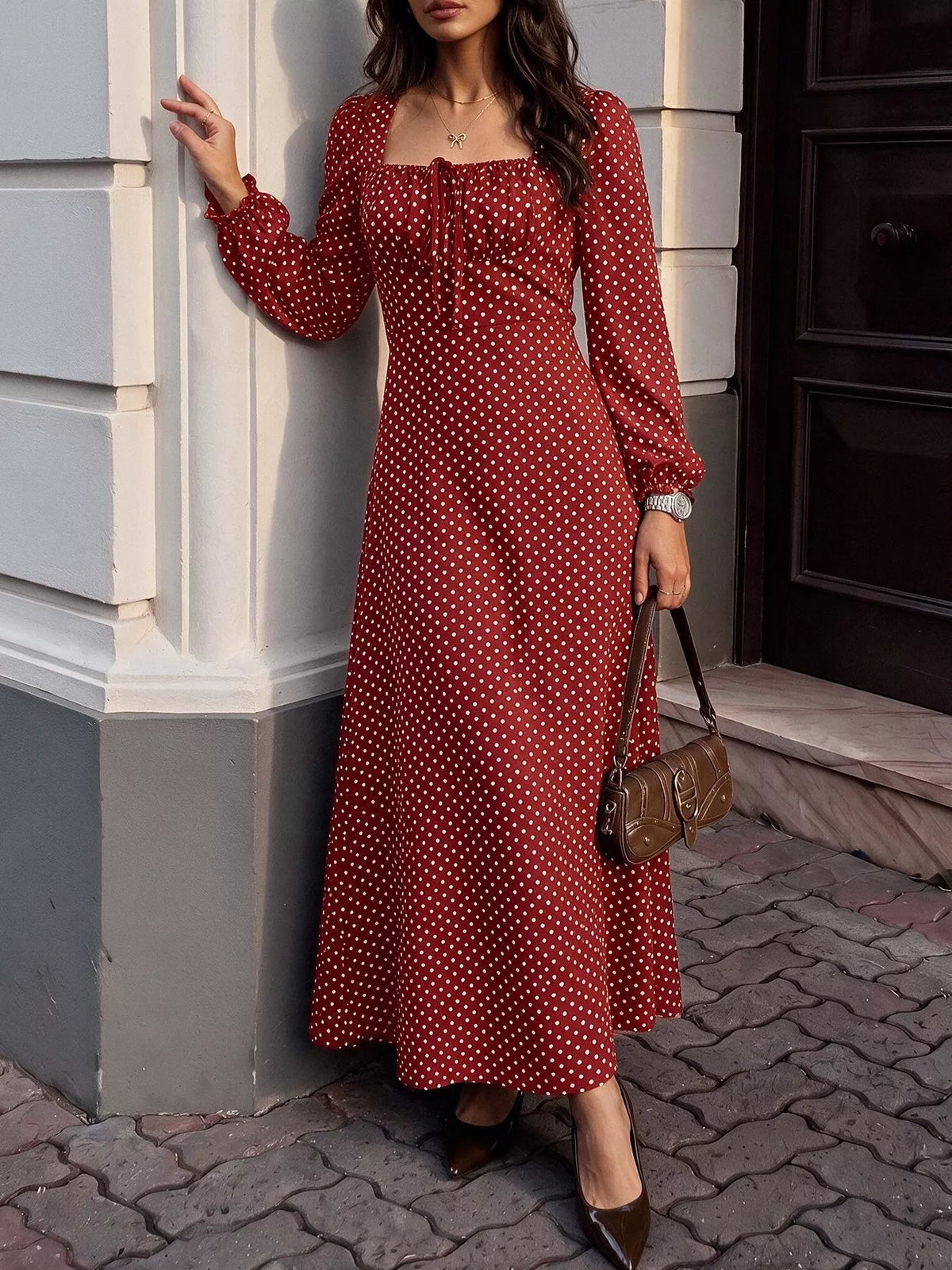Square Neck Polka Dot Long Sleeve Maxi Dress - Lilixa.store