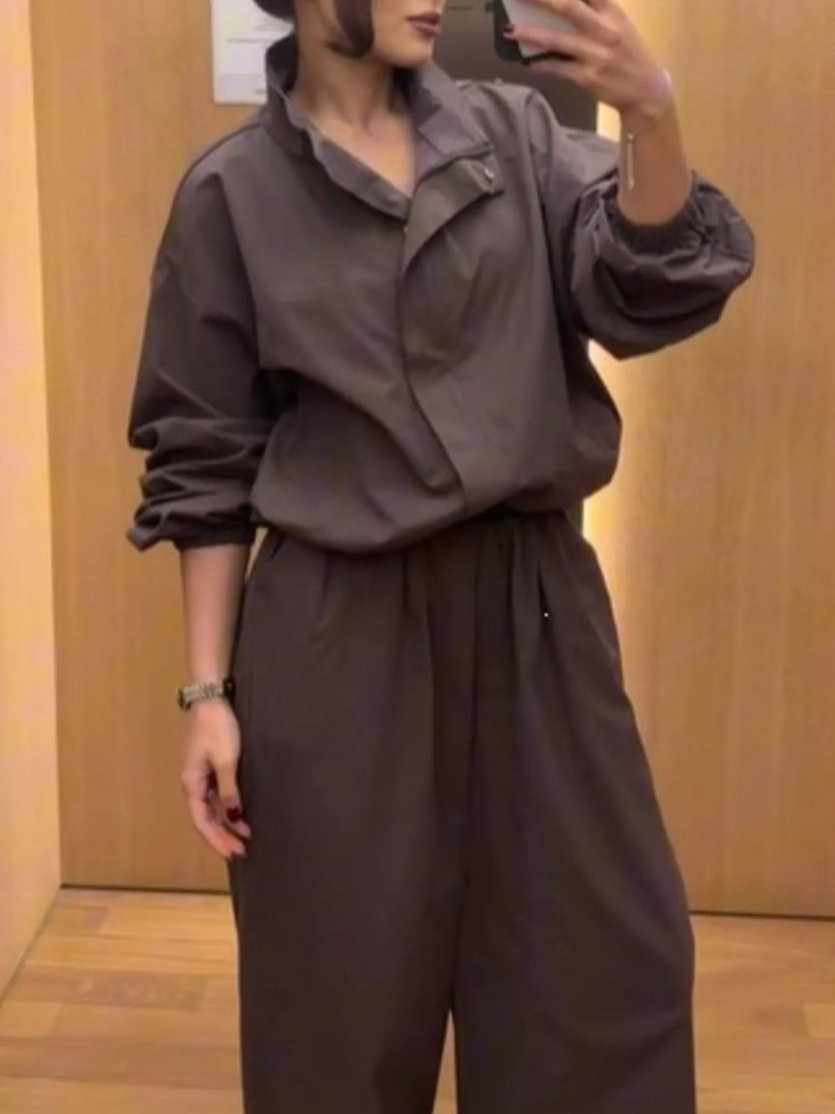 Drawstring Hem Crop Jacket and Wide-Leg Pant Set, view 4