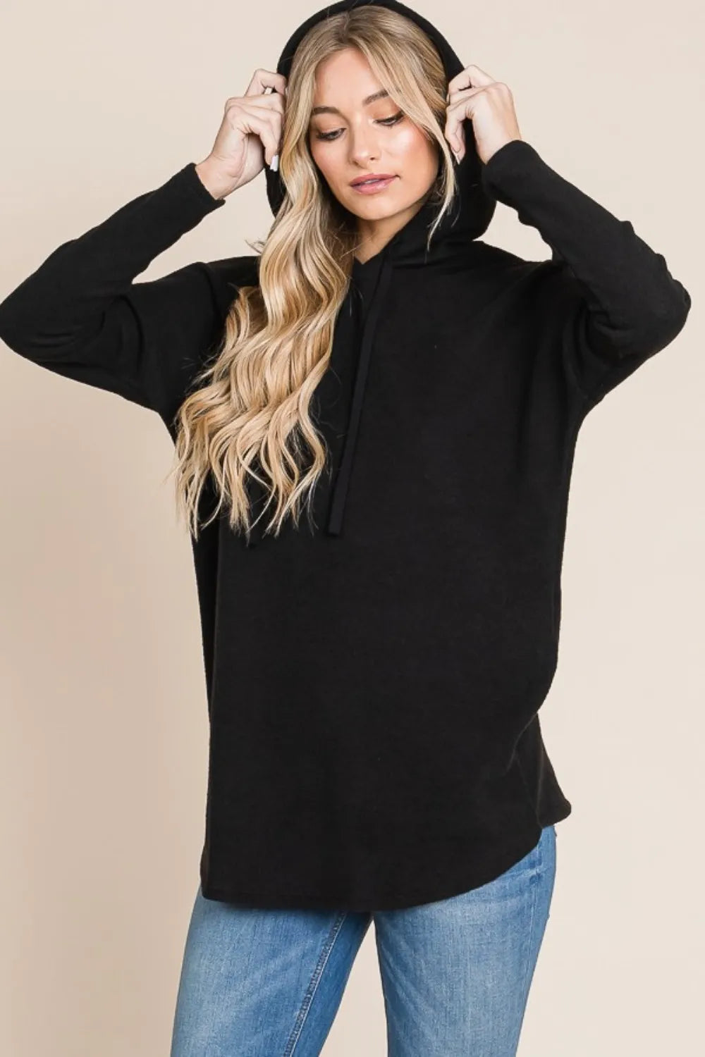 BOMBOM Contrast Drawstring Drop Shoulder Knit Hoodie - Lilixa.store
