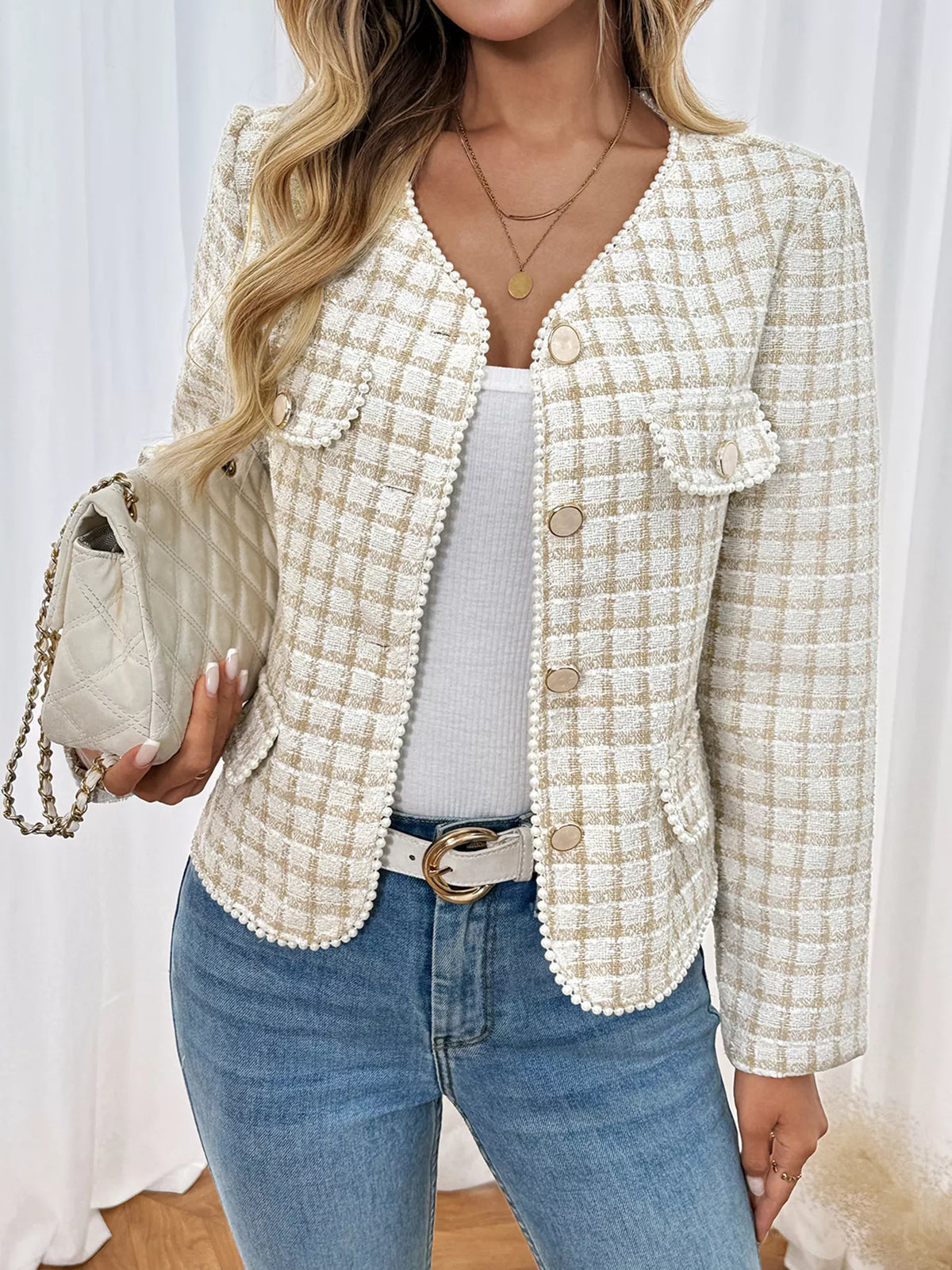 Pearl Trim Button Up Tweed Outerwear - Lilixa.store
