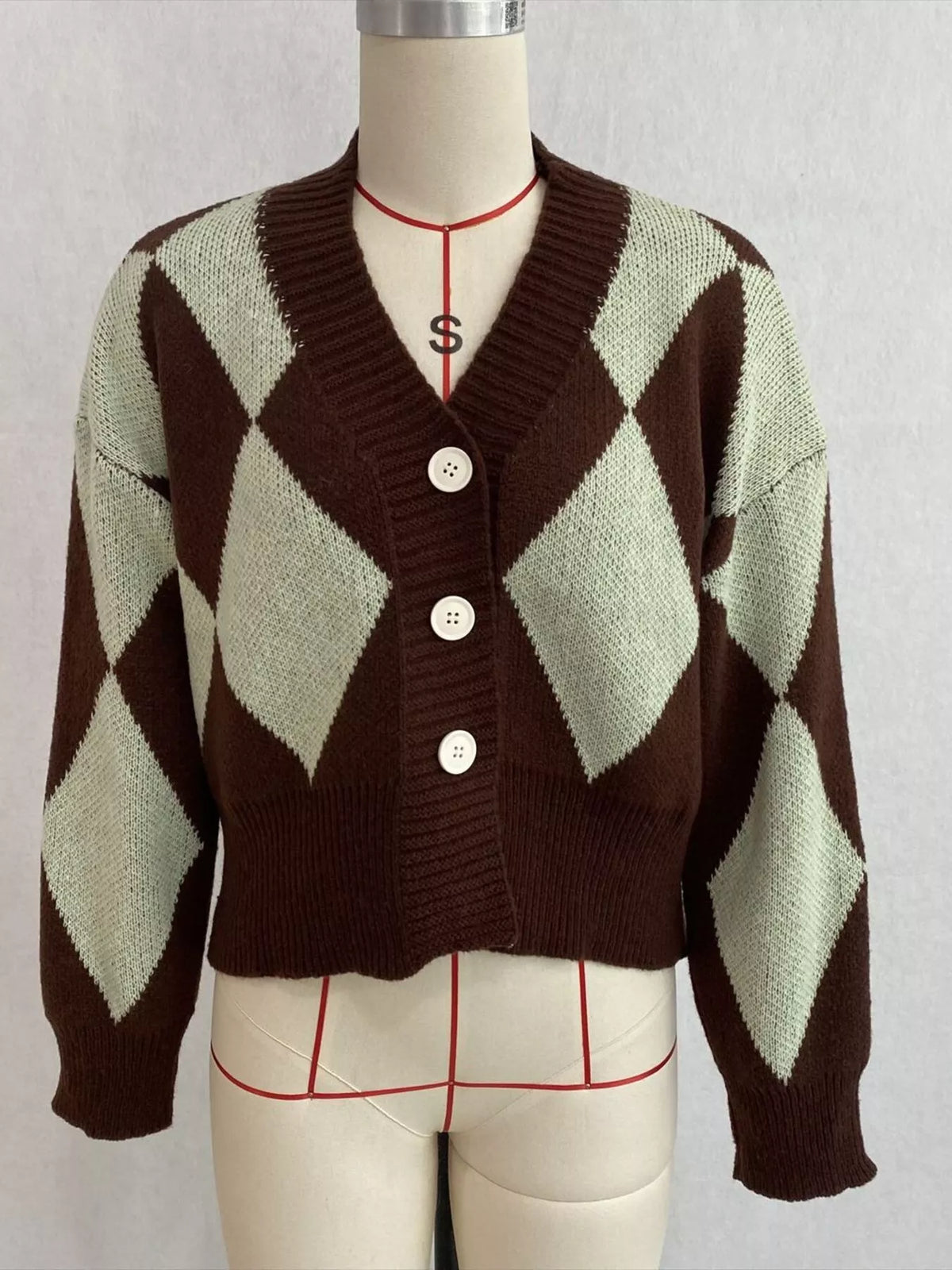 Argyle Pattern V-Neck Button-Down Cardigan, view 11
