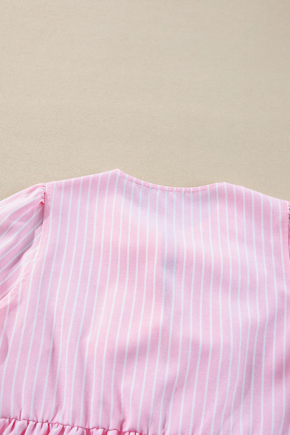 Tied Bow Striped Round Neck Blouse in Blush Pink, view 9