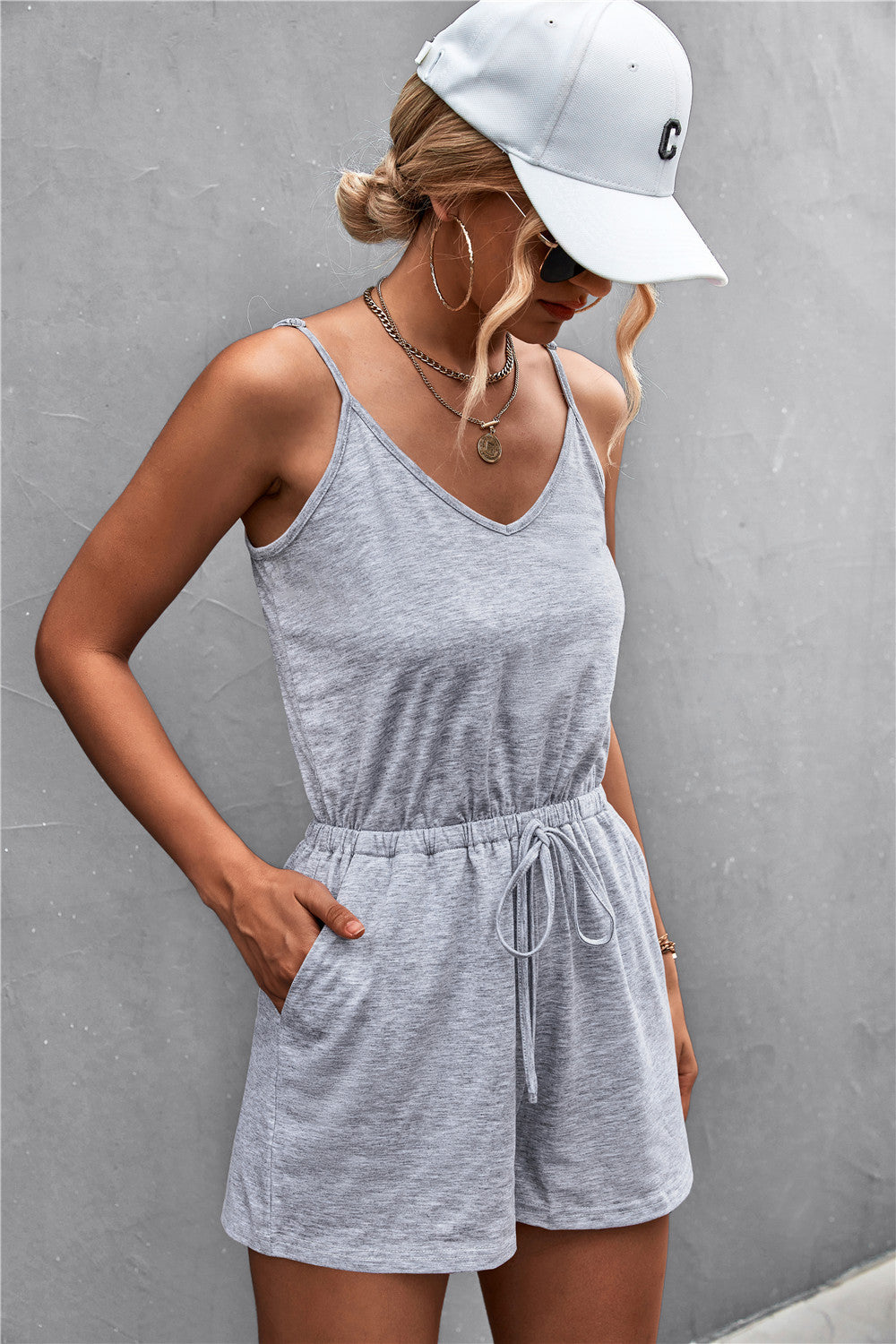 Spaghetti Strap V-Neck Pocket Romper - Lilixa.store