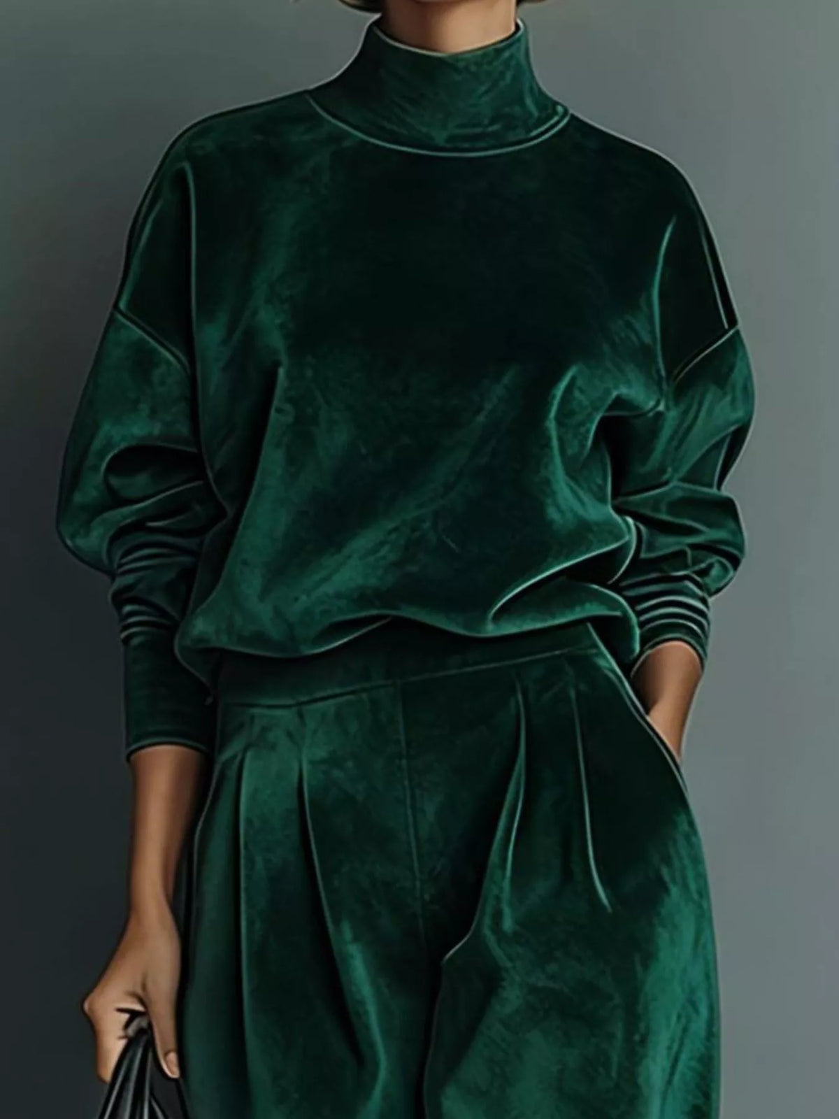 Full Size Elegant Velvet Mock Neck Long Sleeve Top and Wide-Leg Pants Set Plus Size, view 4