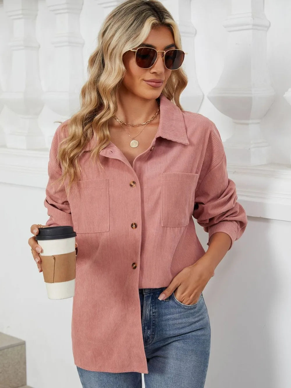 Button Up Dropped Shoulder Long Sleeve Outerwear - Lilixa.store