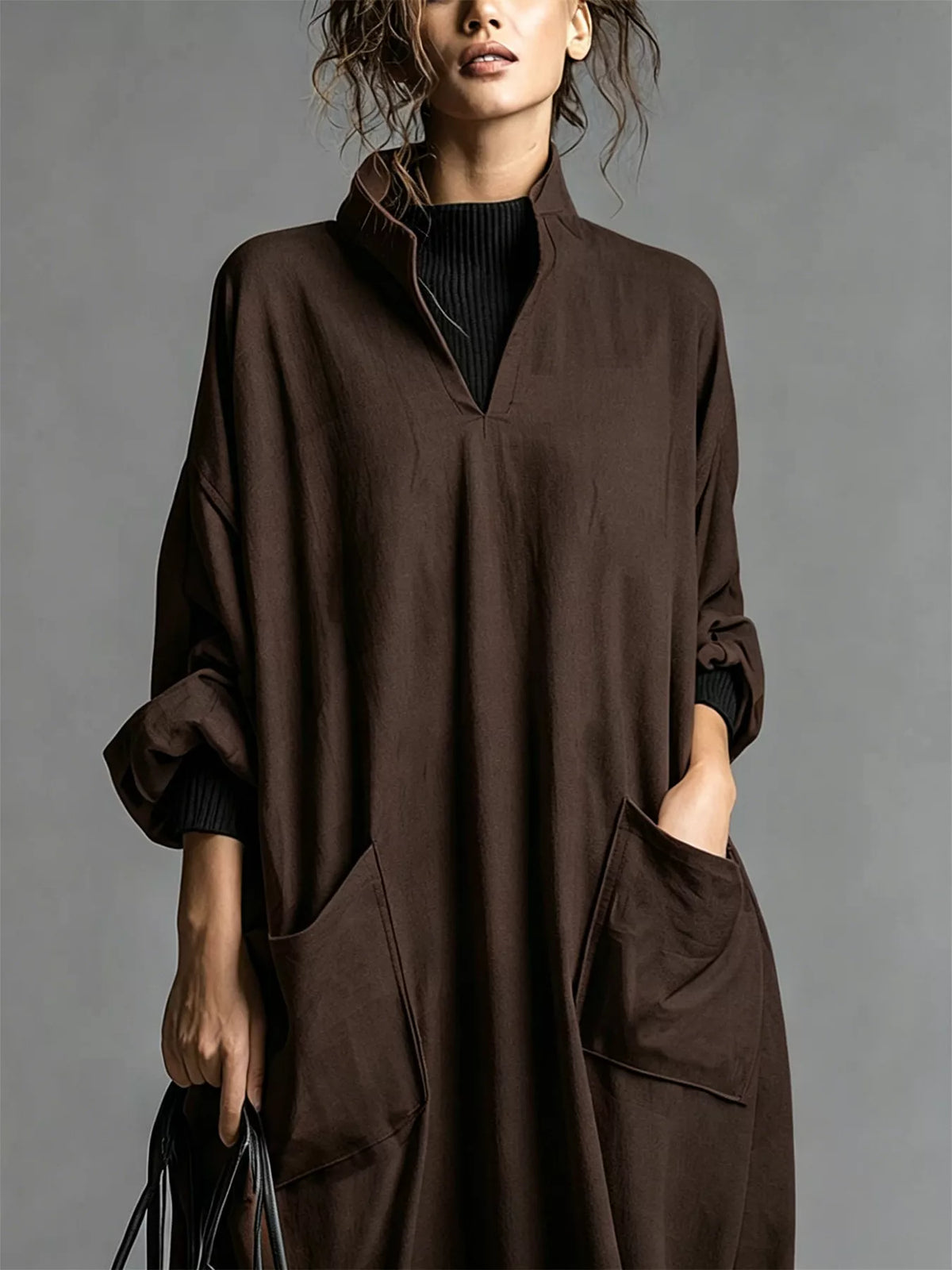 Full Size Loose-Fit Mock Neck Midi Dress with Pockets Plus Size - Lilixa.store