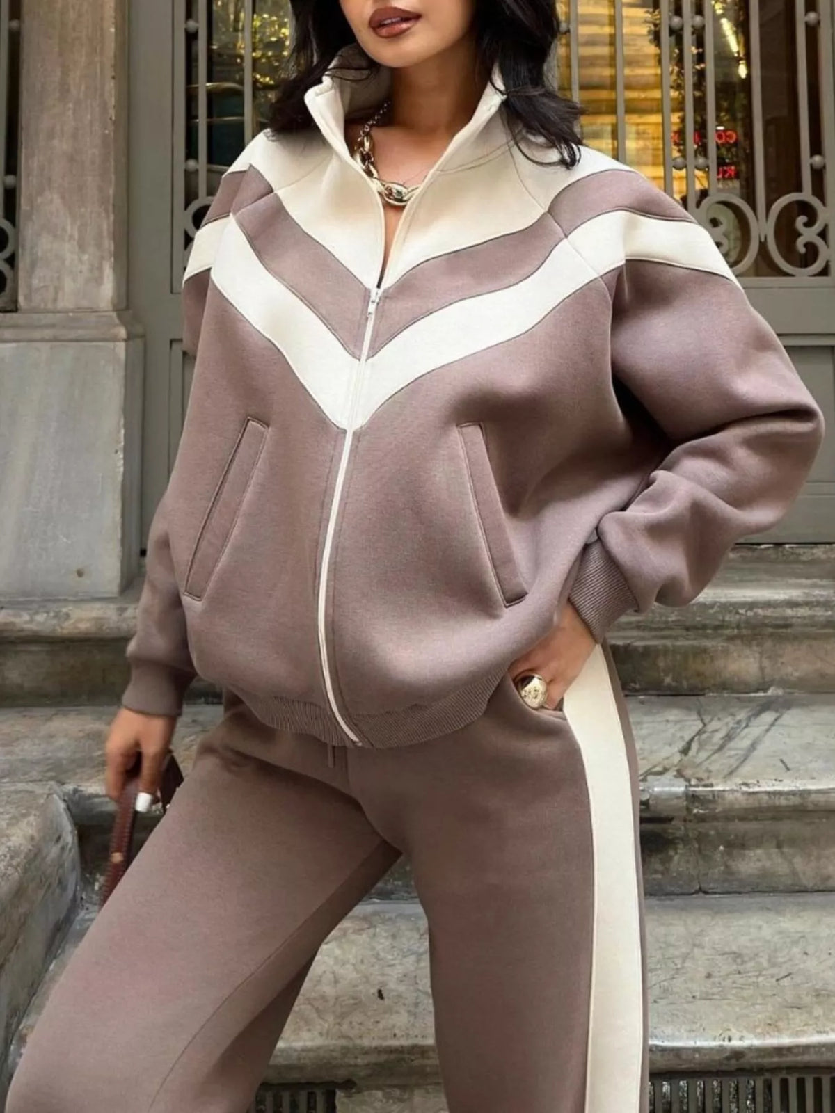 Color Block Zip-Up Outerwear and Pants Set - Lilixa.store