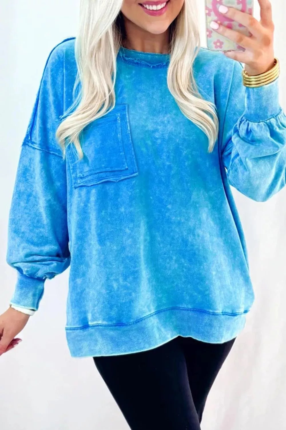 Mineral Wash Oversized Sweatshirt with Chest Pocket in Sky Blue, view 3