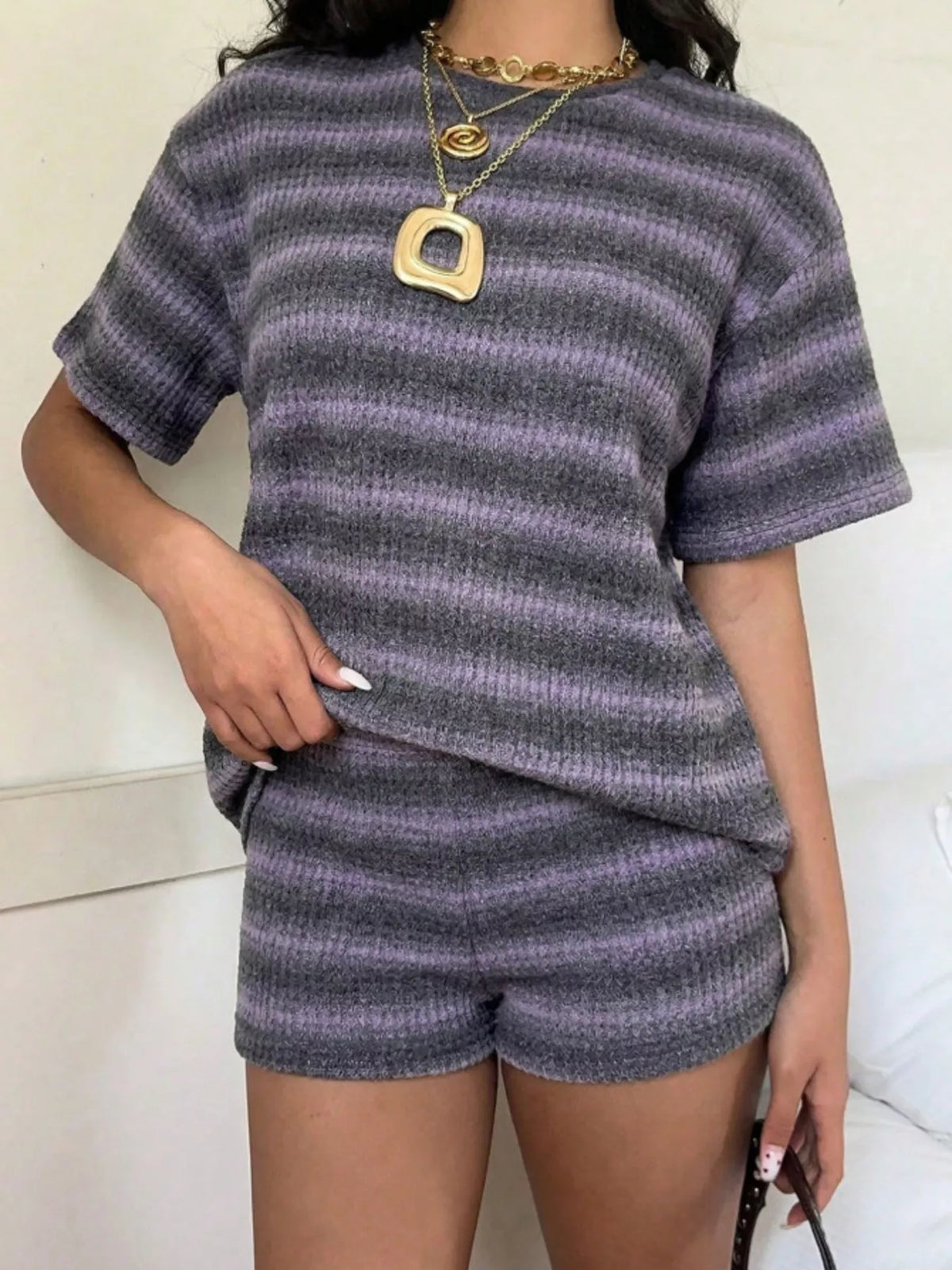 Striped Textured Knit Top and Shorts Set, view 18