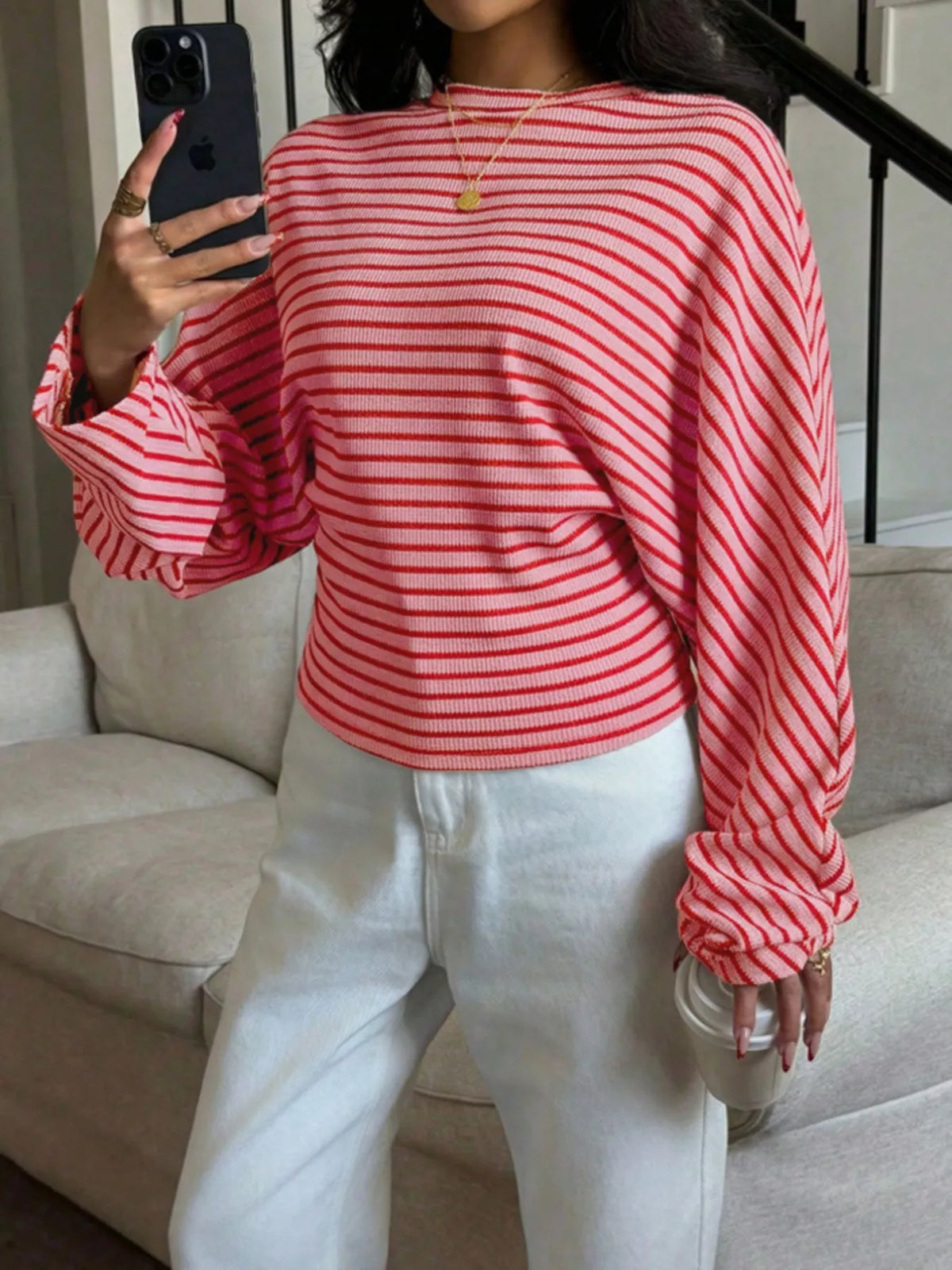 Casual Striped Long Sleeve Batwing T-Shirt, view 2