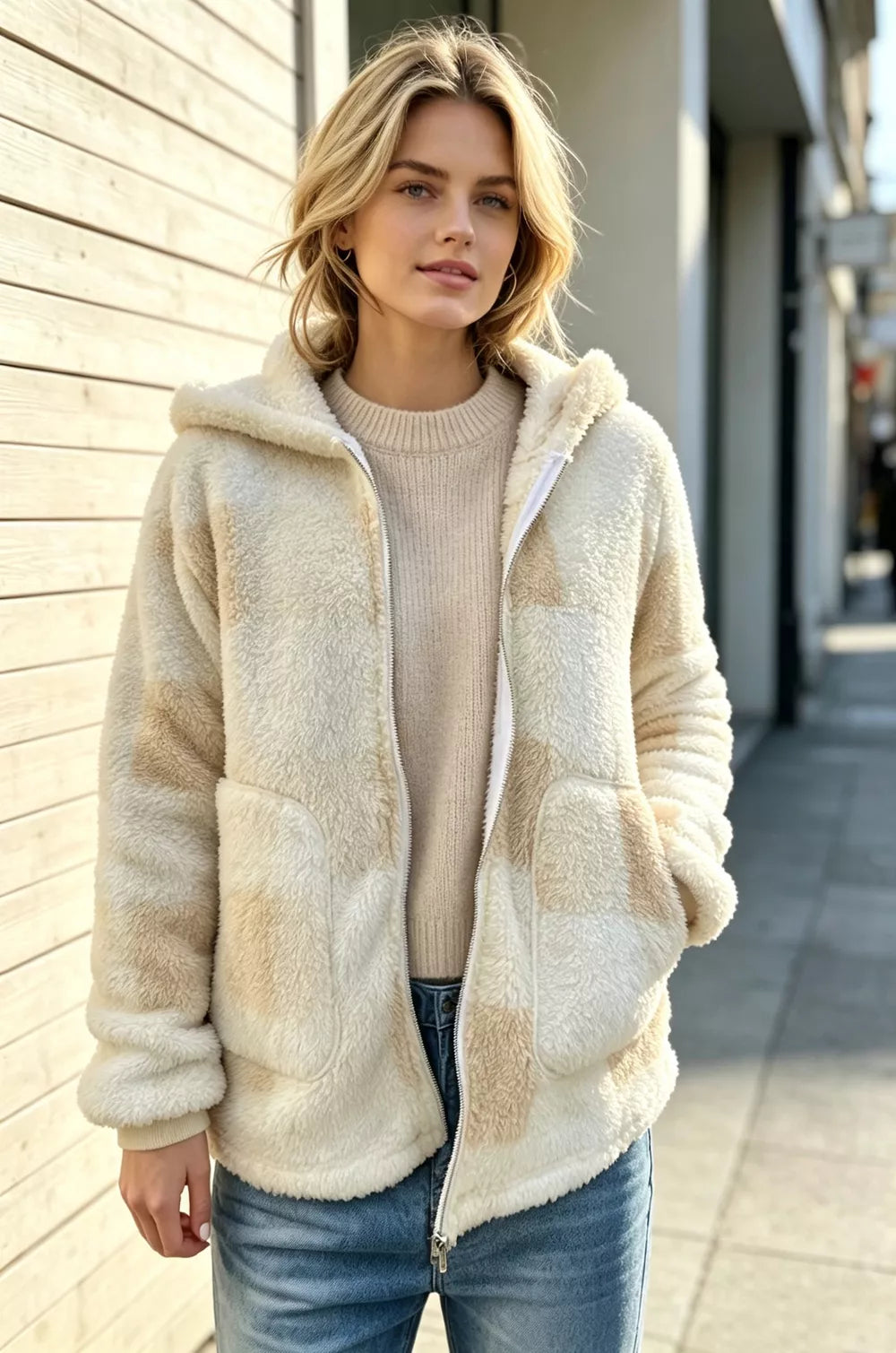 Double Take Full Size Check Fuzzy Sherpa Hooded Zip Up Teddy Winter Coat with Pockets Plus Size - Lilixa.store