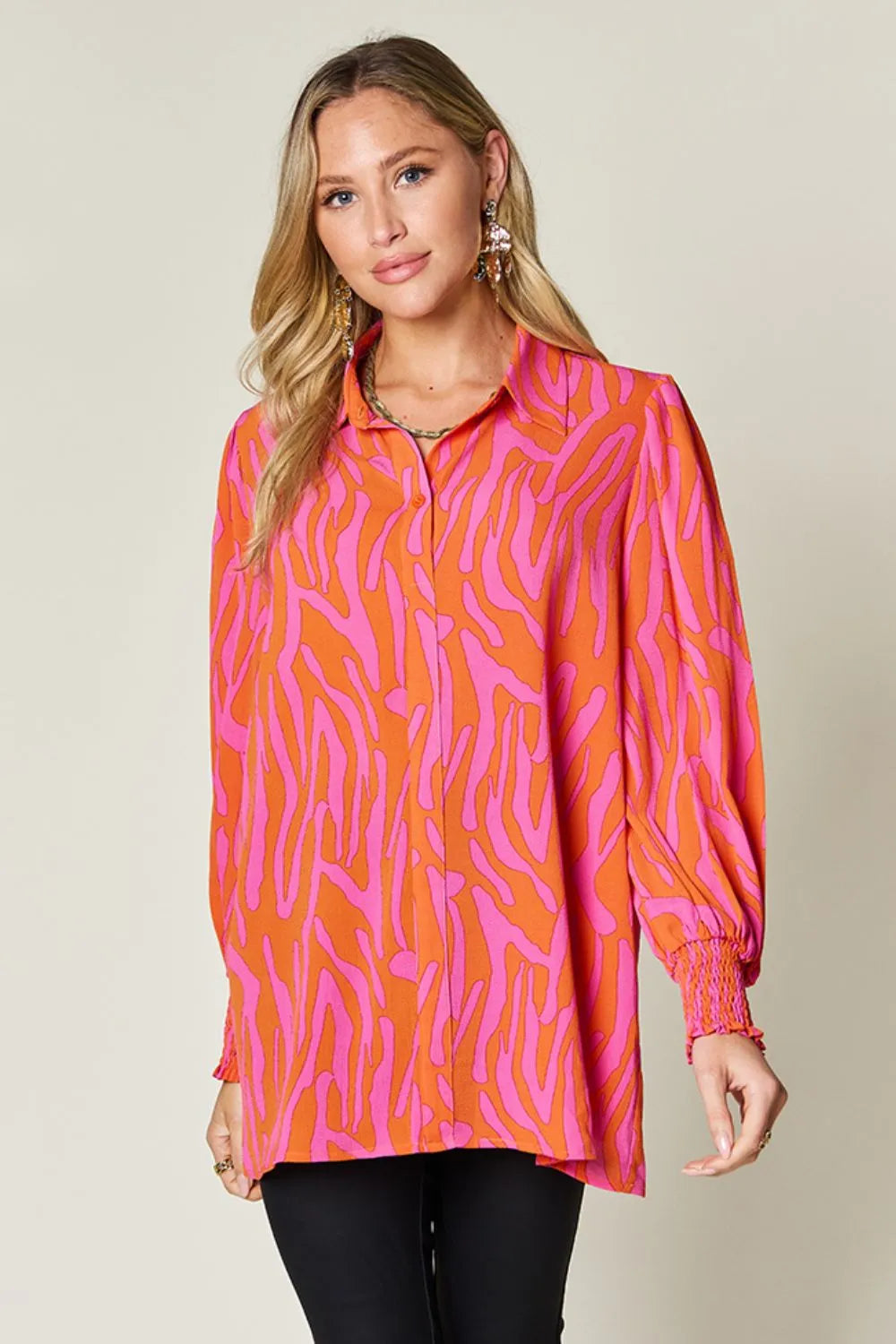 Double Take Full Size Printed Smocked Long Sleeve Blouse Plus Size - Lilixa.store