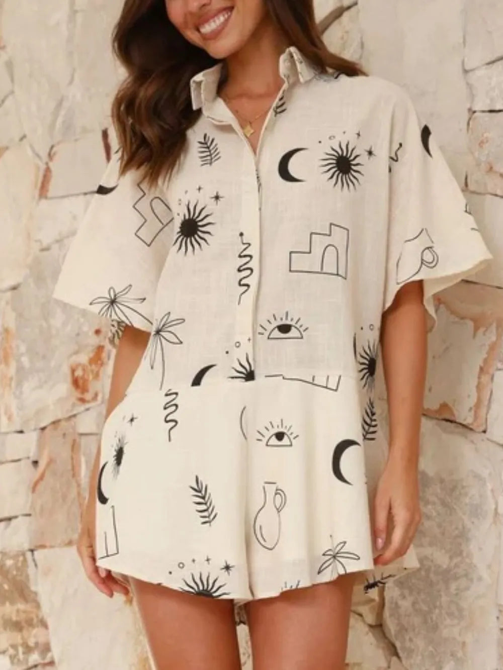 Printed Collared Neck Half Sleeve Romper in Beige, view 4