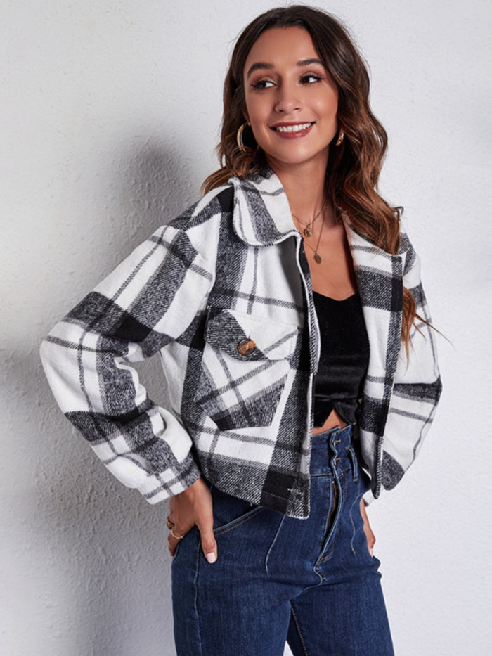 Plaid Button Front Jacket with Pockets in White