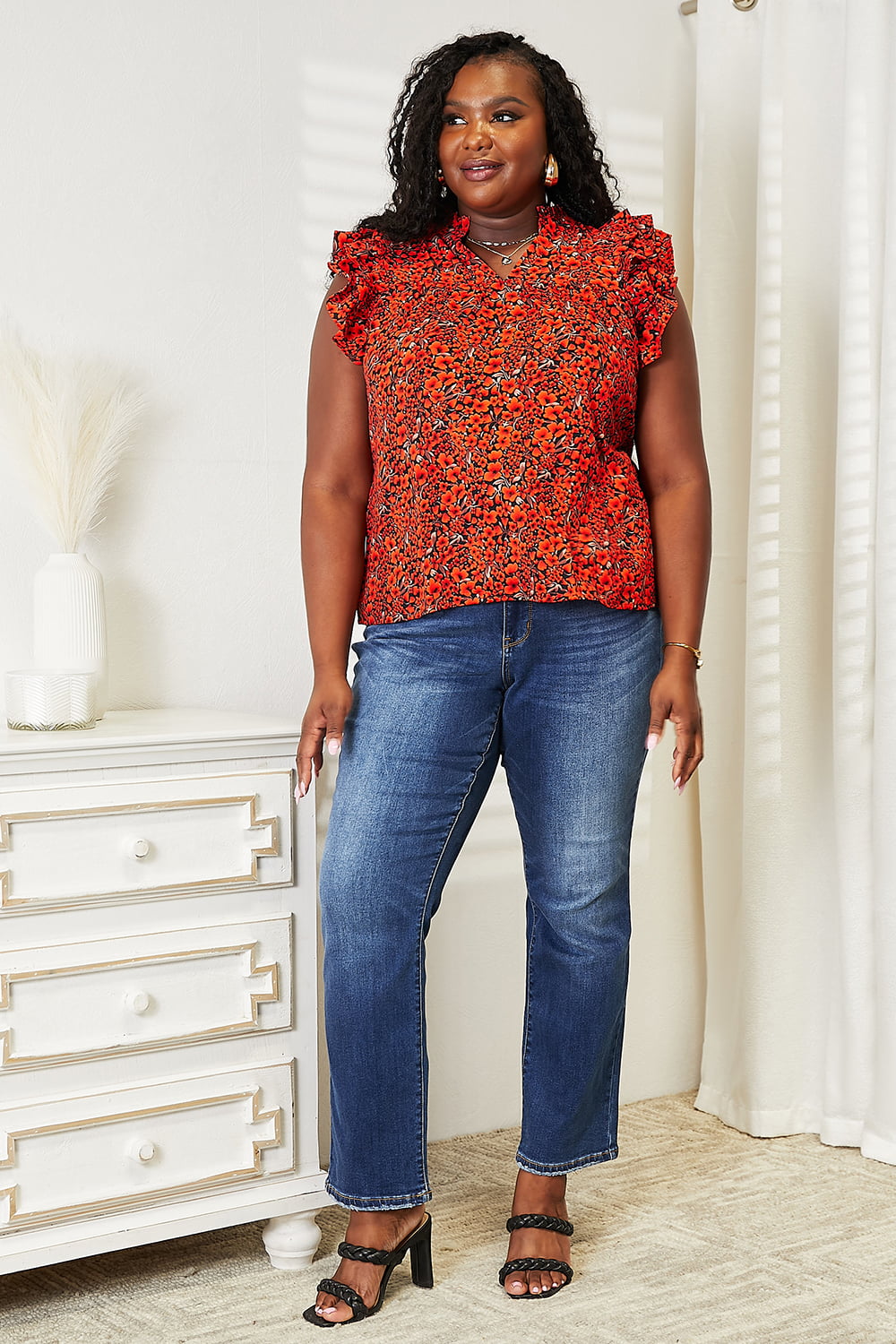 Double Take Floral Flutter Sleeve Notched Neck Blouse in Orange-Red, view 11