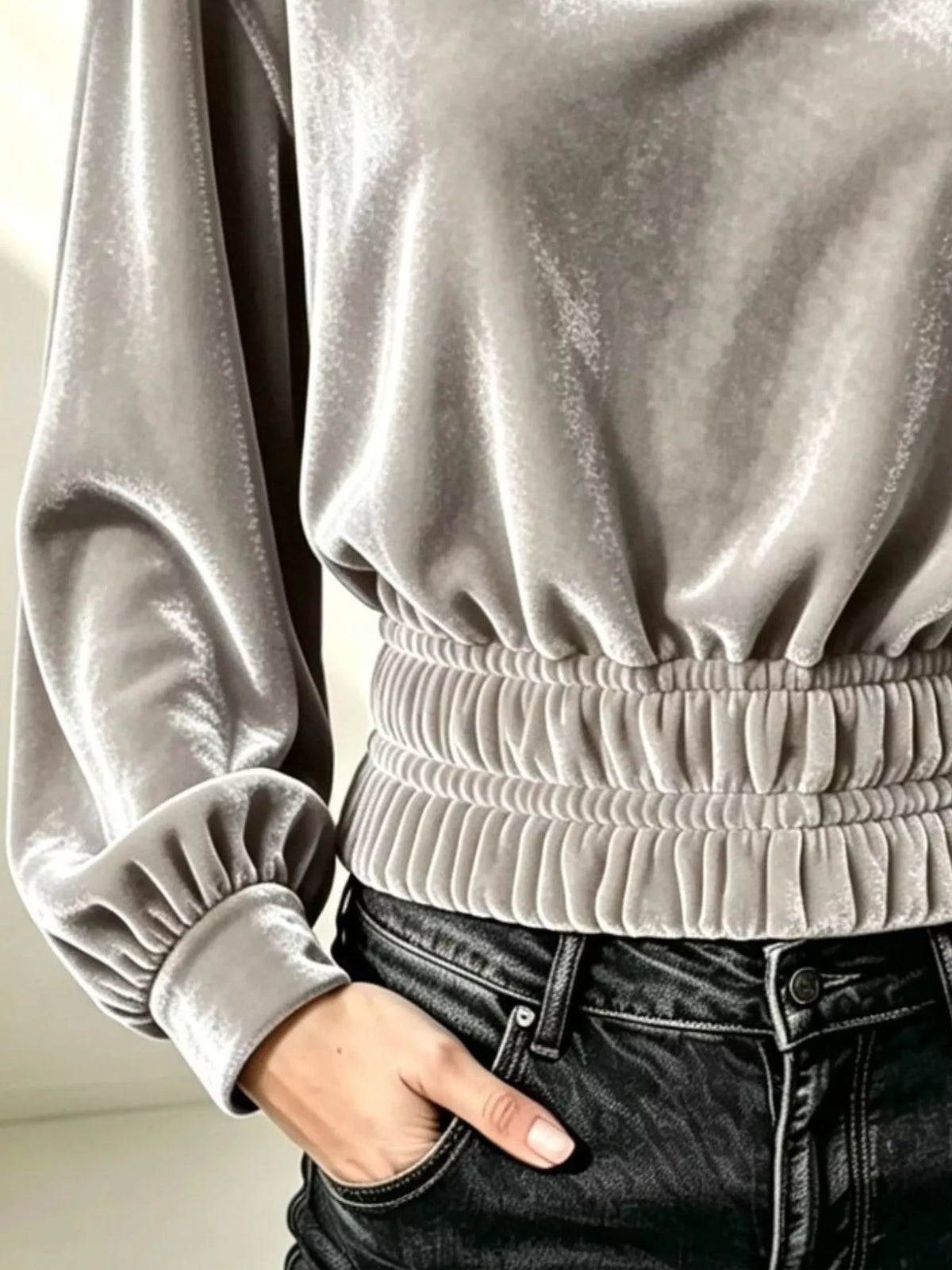 Velvet Johnny Collar Long Sleeve Blouse, view 5