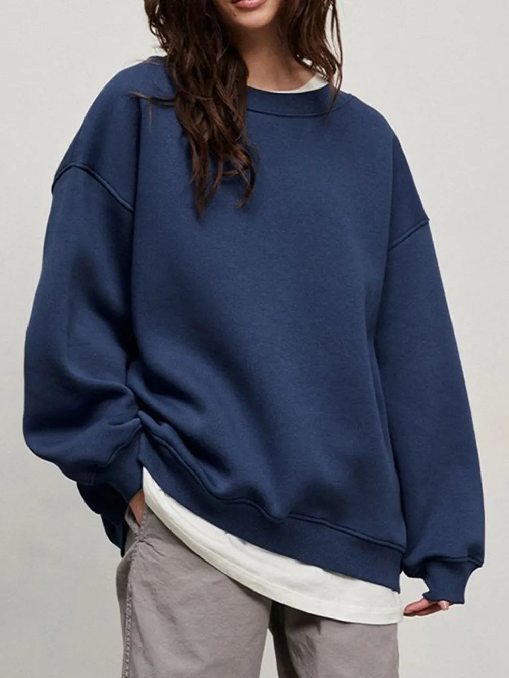 Round Neck Dropped Shoulder Long Sleeve Sweatshirt - Lilixa.store