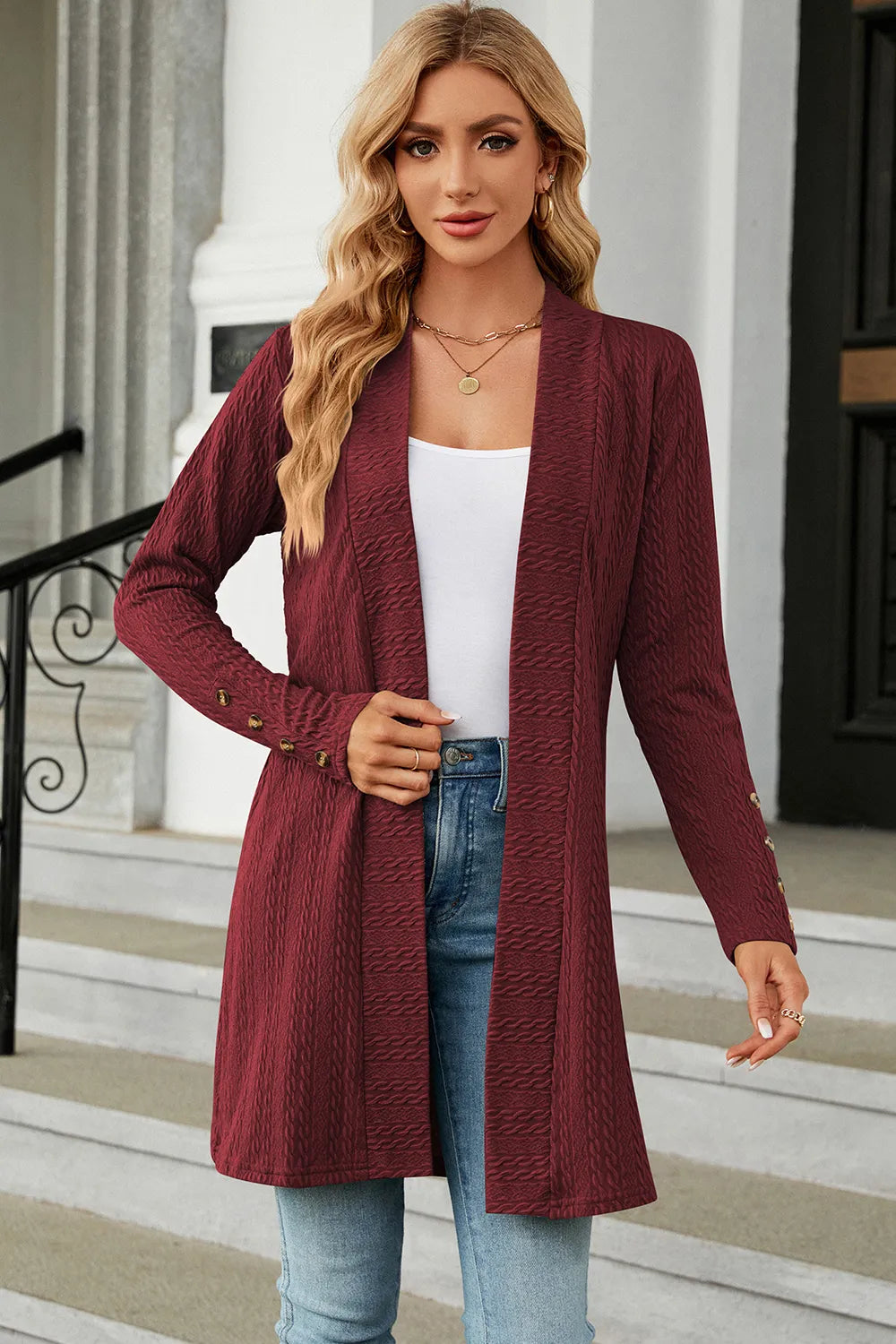 Open Front Long Sleeve Cardigan in Burgundy