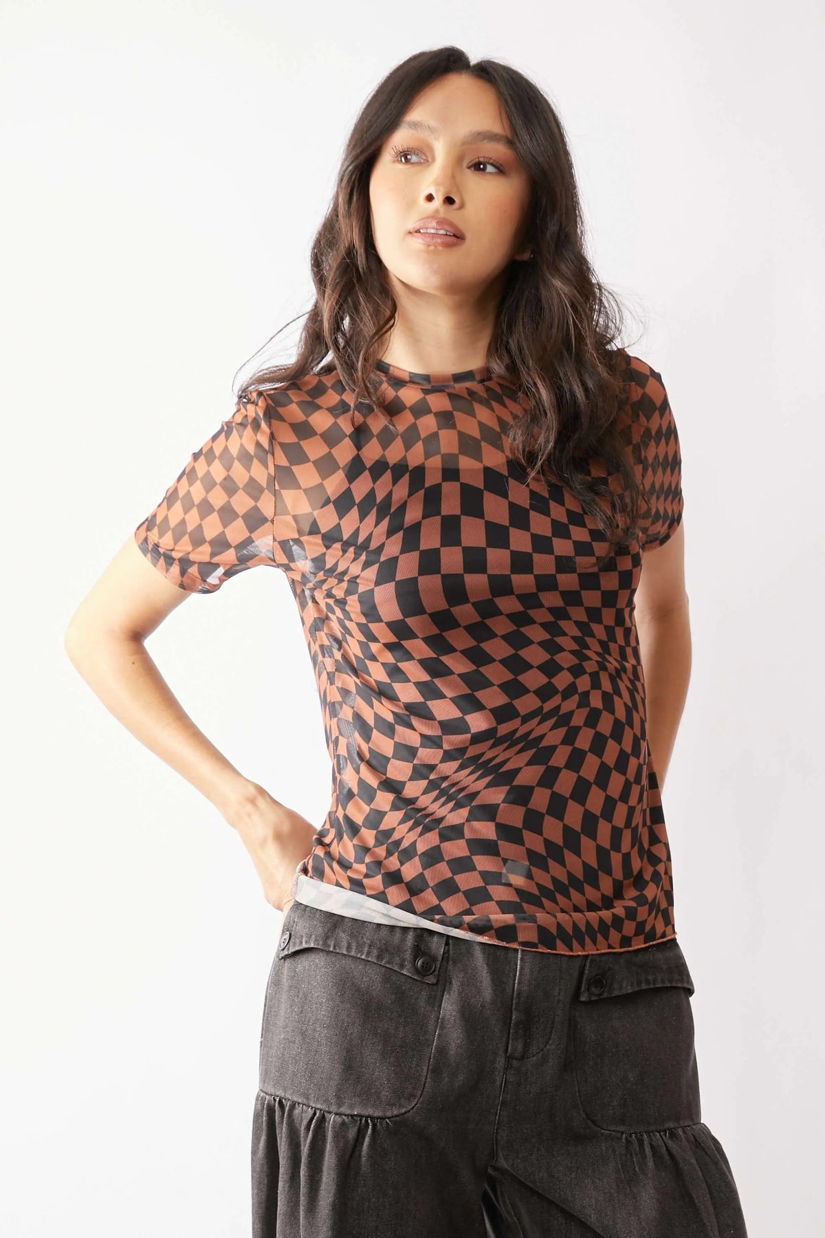 Davi & Dani Checker Board Printed Mesh Short Sleeve Top - Lilixa.store