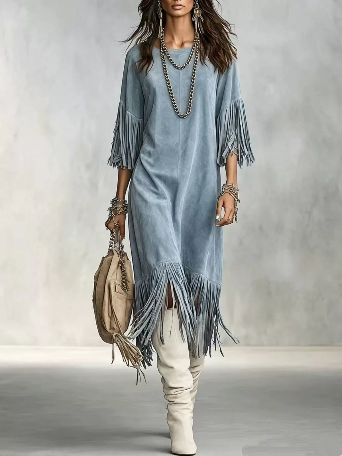 Fringed Round Neck Midi Dress - Lilixa.store