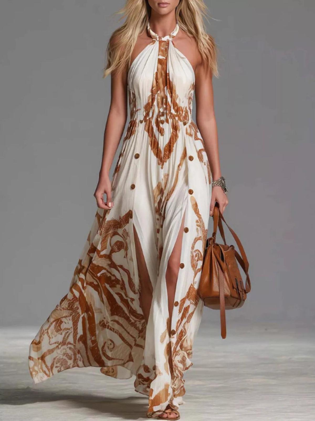 Printed Halter Neck Maxi Dress - Lilixa.store