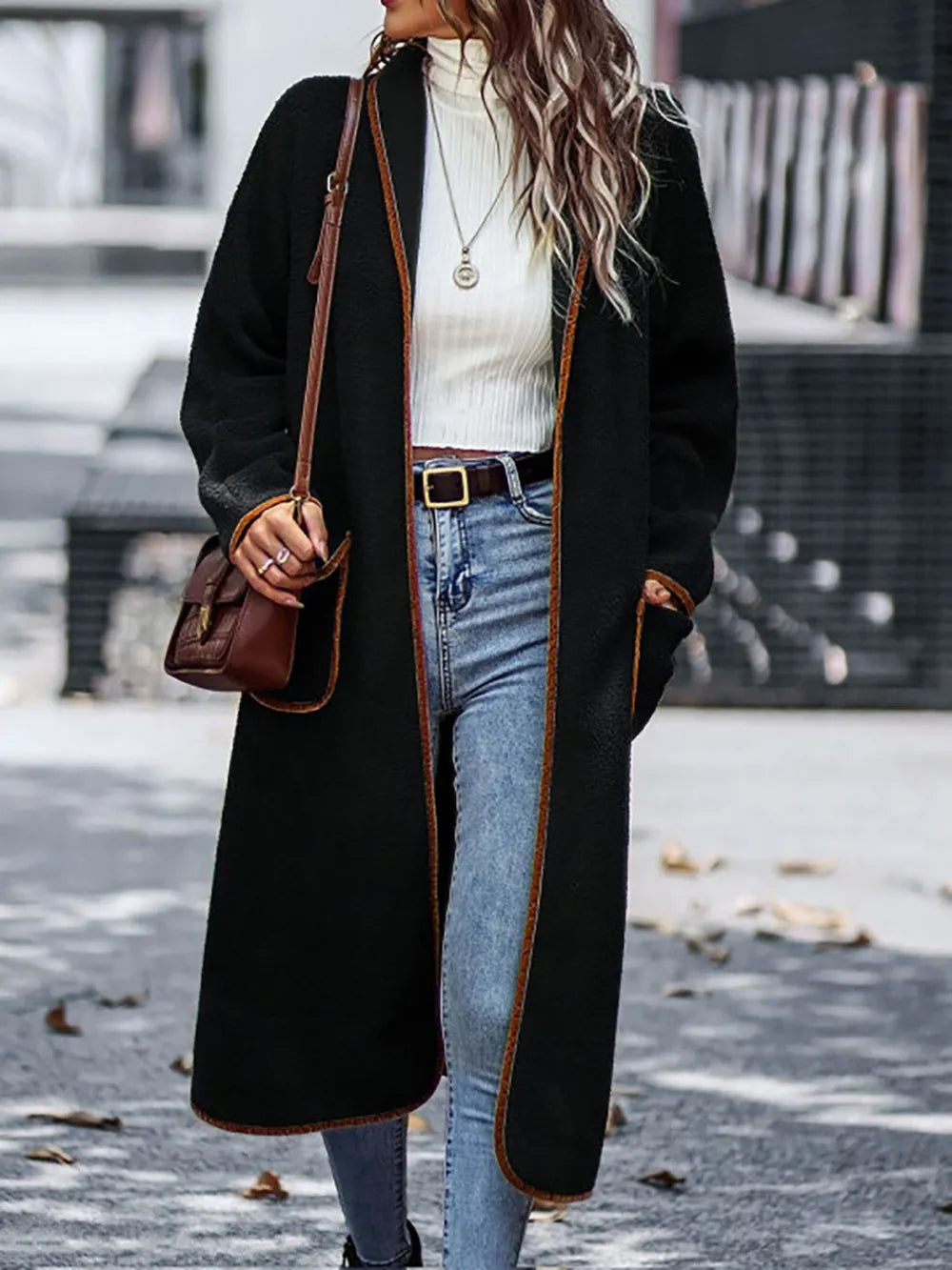 Full Size Contrast Trim Long Sleeve Coat with Pockets in Black