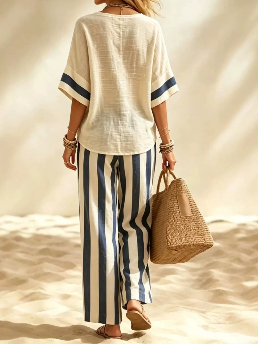 Full Size Striped Half Sleeve Top and Pants Set Plus Size - Lilixa.store