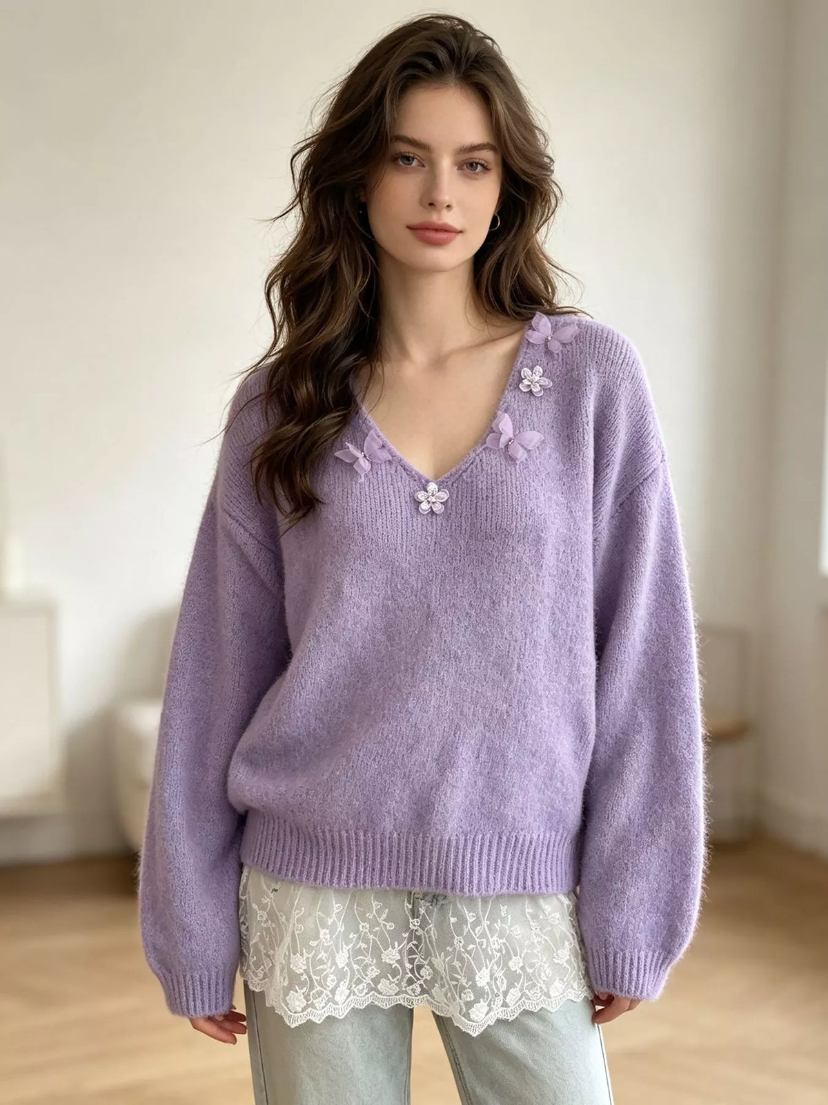 V-Neck Floral Applique Lace Hem Sweater, view 14