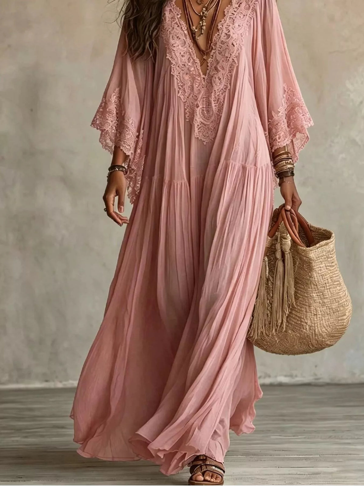 Lace Trim V-Neck Maxi Dress - Lilixa.store