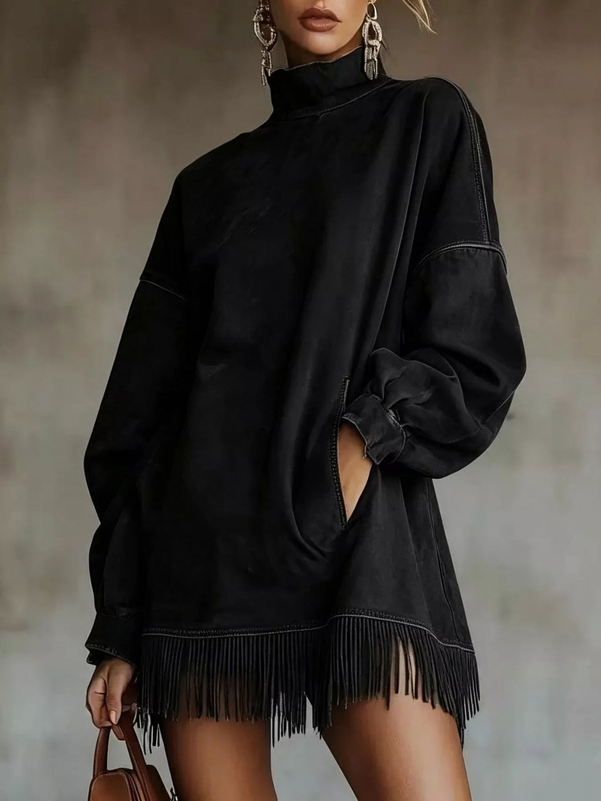 Suede Mock Neck Fringed Mini Dress in Black